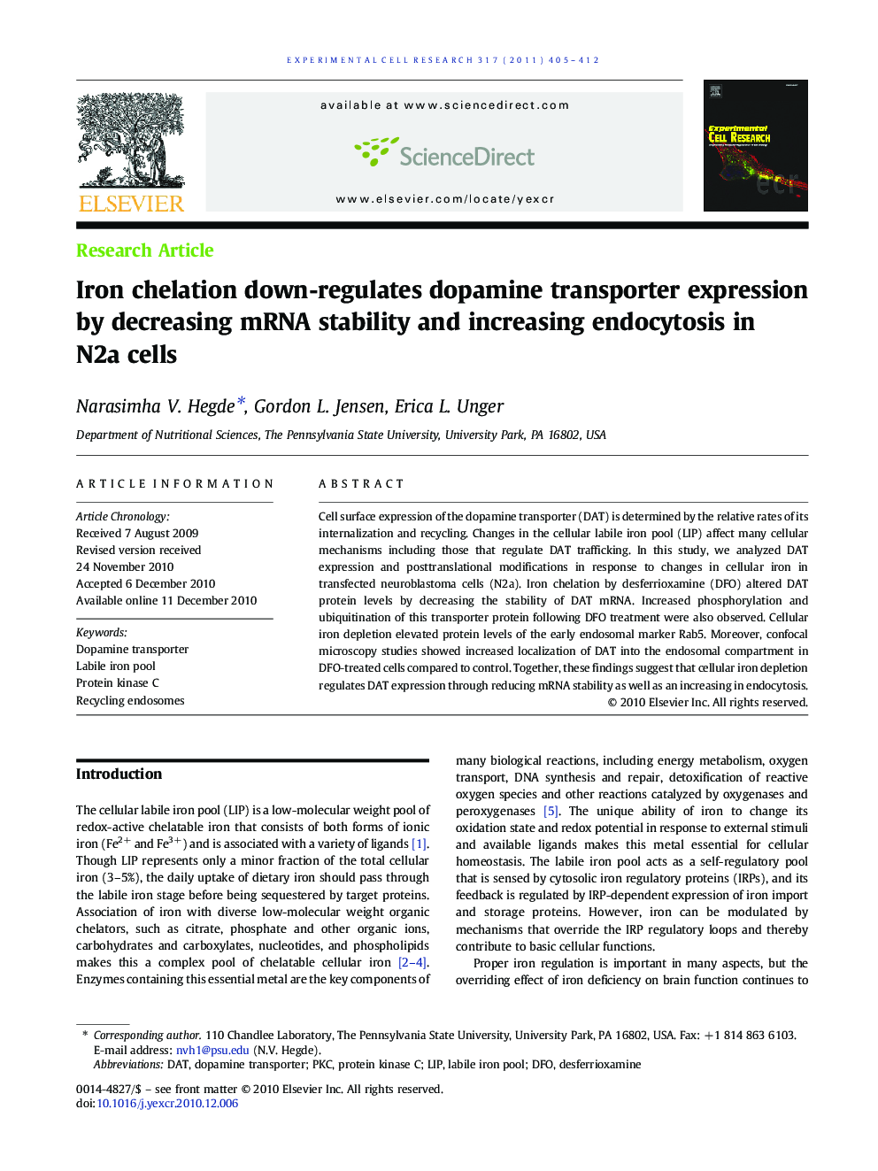 Iron chelation down-regulates dopamine transporter expression by decreasing mRNA stability and increasing endocytosis in N2a cells