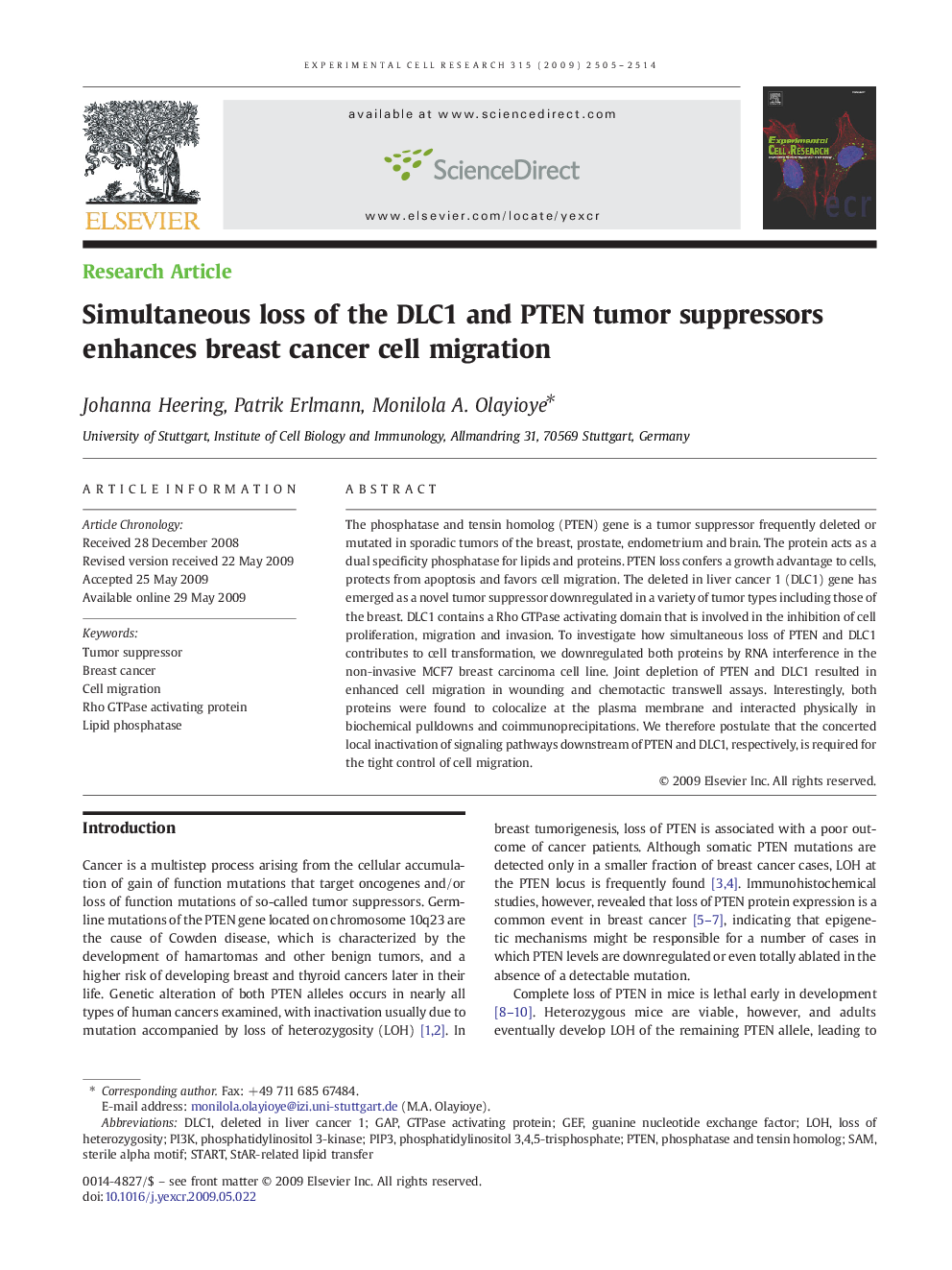 Simultaneous loss of the DLC1 and PTEN tumor suppressors enhances breast cancer cell migration