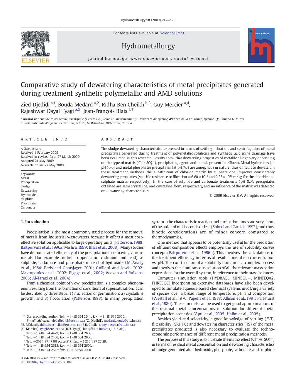 Comparative study of dewatering characteristics of metal precipitates generated during treatment synthetic polymetallic and AMD solutions