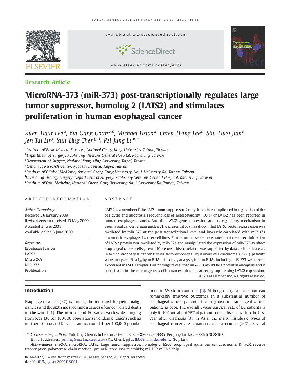 MicroRNA-373 (miR-373) post-transcriptionally regulates large tumor suppressor, homolog 2 (LATS2) and stimulates proliferation in human esophageal cancer