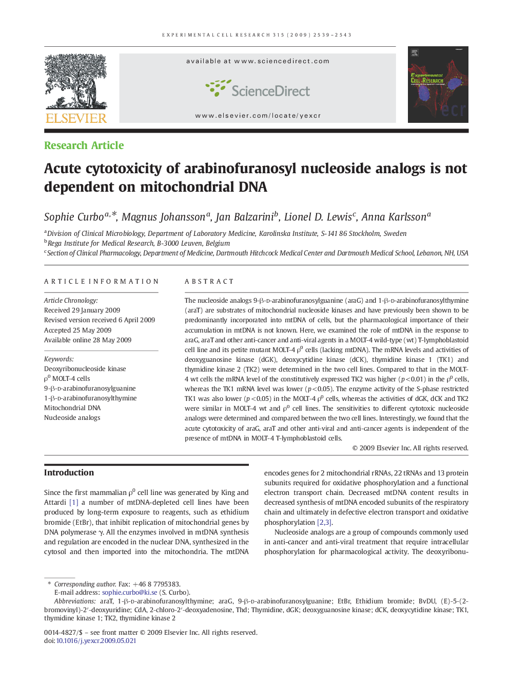 Acute cytotoxicity of arabinofuranosyl nucleoside analogs is not dependent on mitochondrial DNA