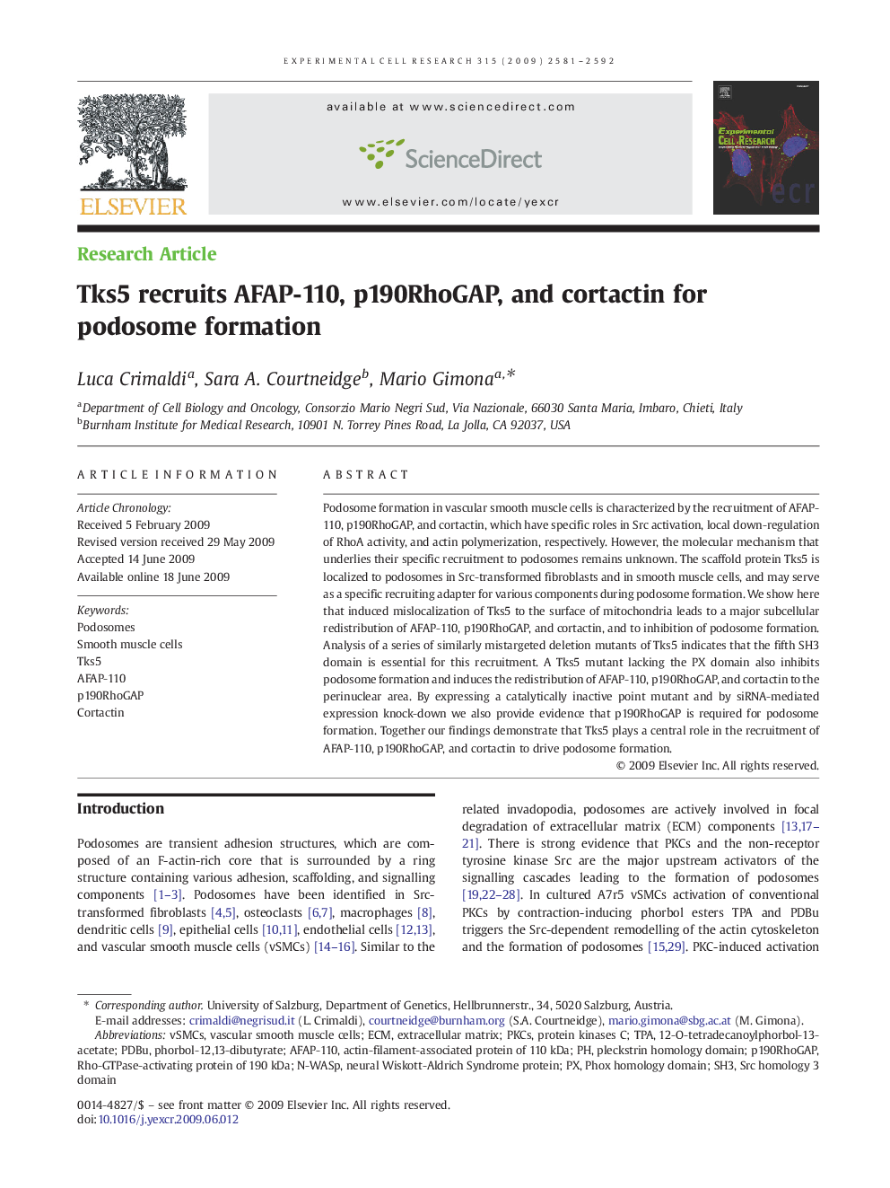 Tks5 recruits AFAP-110, p190RhoGAP, and cortactin for podosome formation