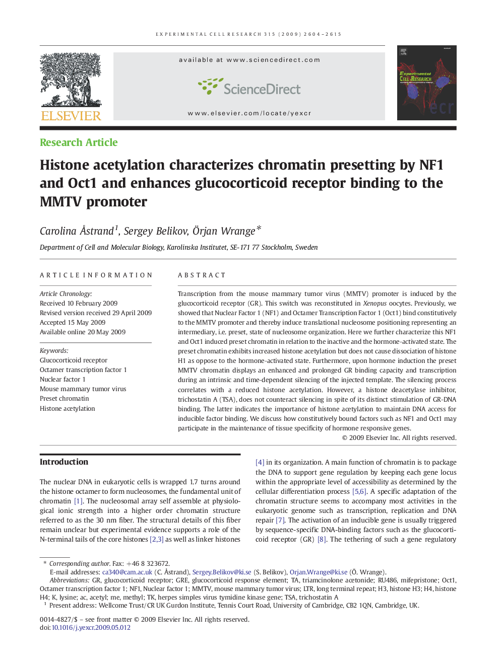 Histone acetylation characterizes chromatin presetting by NF1 and Oct1 and enhances glucocorticoid receptor binding to the MMTV promoter