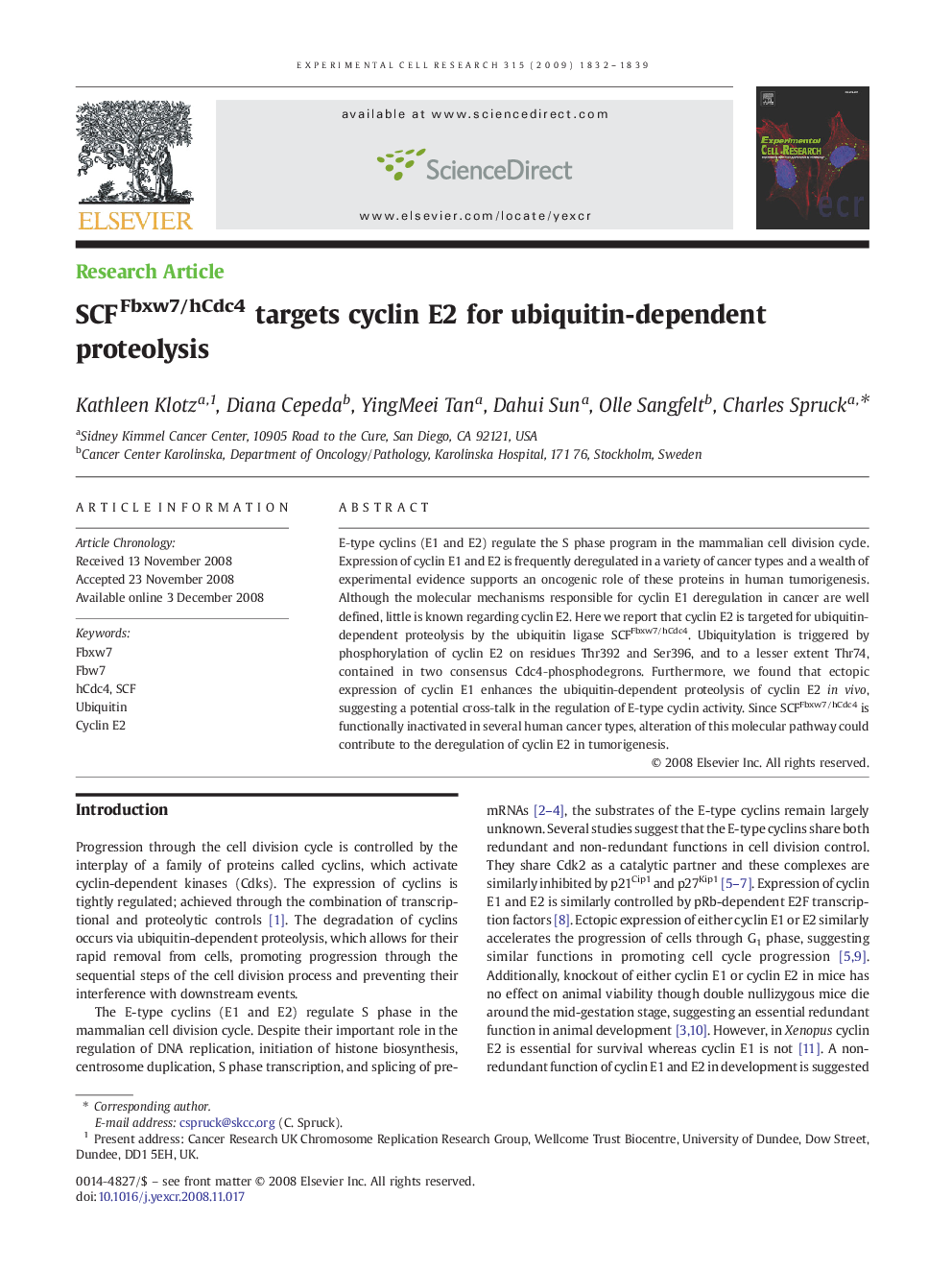 SCFFbxw7/hCdc4 targets cyclin E2 for ubiquitin-dependent proteolysis