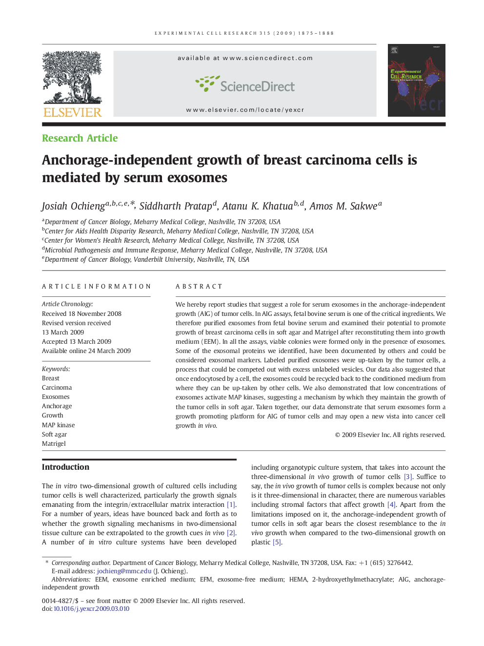 Anchorage-independent growth of breast carcinoma cells is mediated by serum exosomes