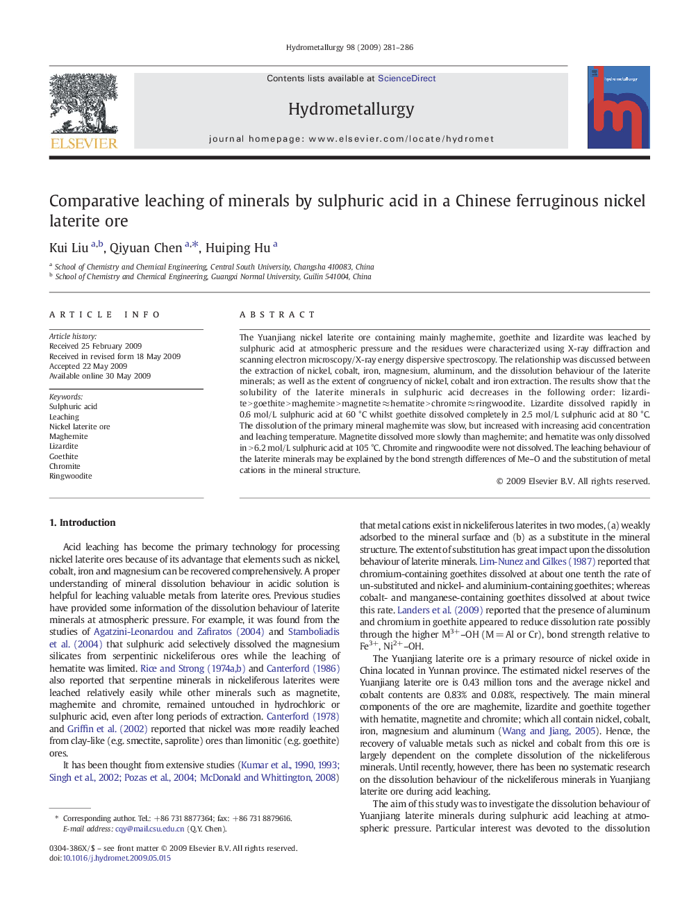 Comparative leaching of minerals by sulphuric acid in a Chinese ferruginous nickel laterite ore