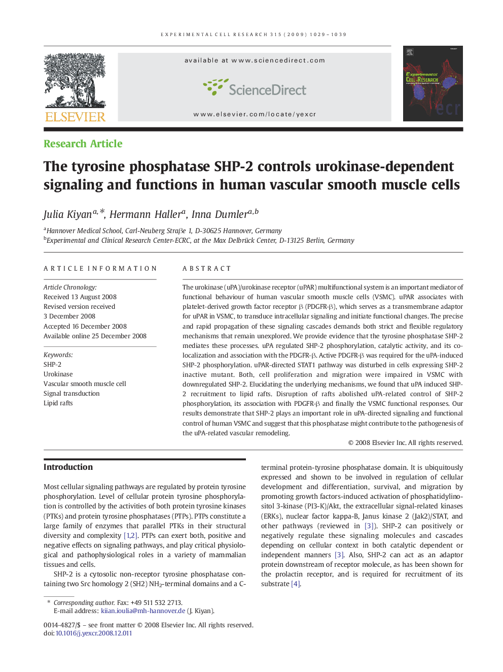 The tyrosine phosphatase SHP-2 controls urokinase-dependent signaling and functions in human vascular smooth muscle cells