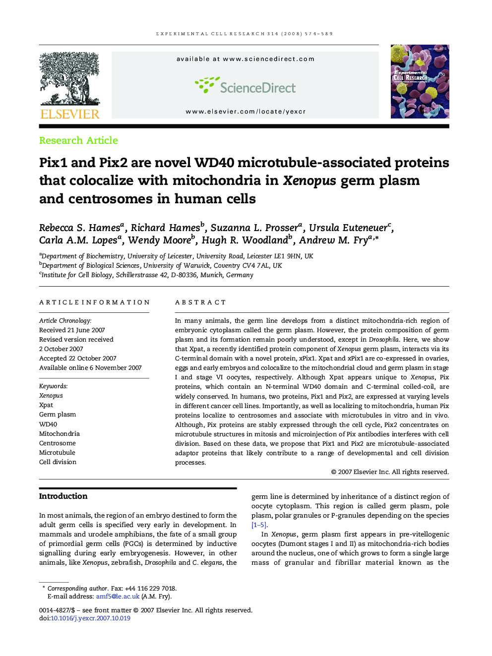 Pix1 and Pix2 are novel WD40 microtubule-associated proteins that colocalize with mitochondria in Xenopus germ plasm and centrosomes in human cells