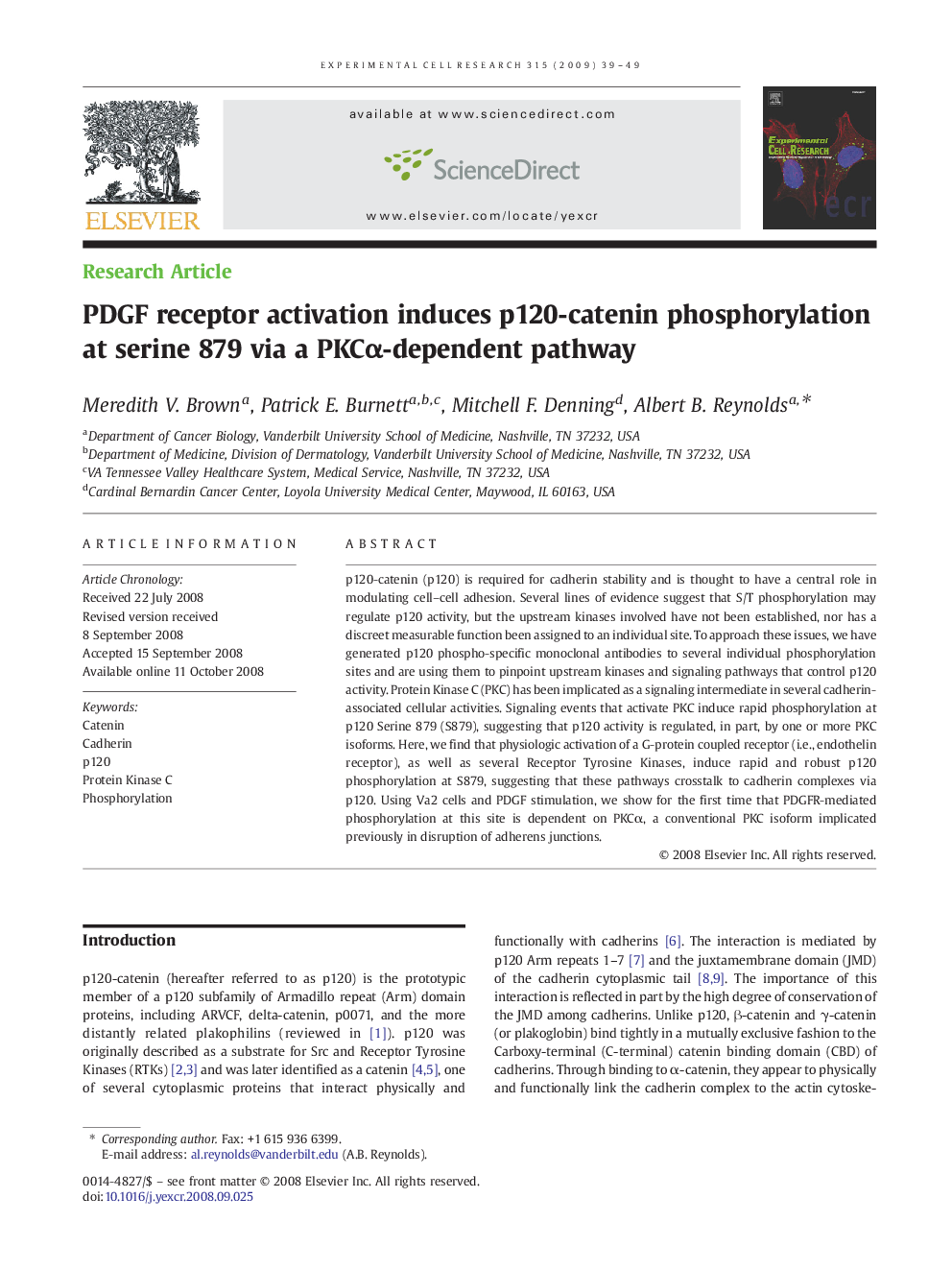 PDGF receptor activation induces p120-catenin phosphorylation at serine 879 via a PKCα-dependent pathway