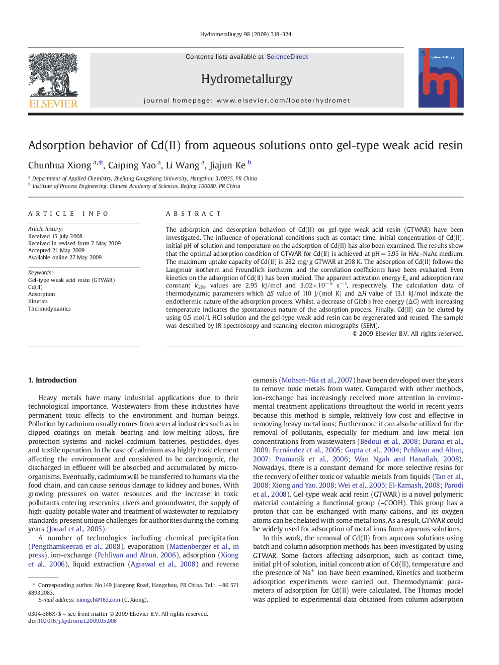 Adsorption behavior of Cd(II) from aqueous solutions onto gel-type weak acid resin