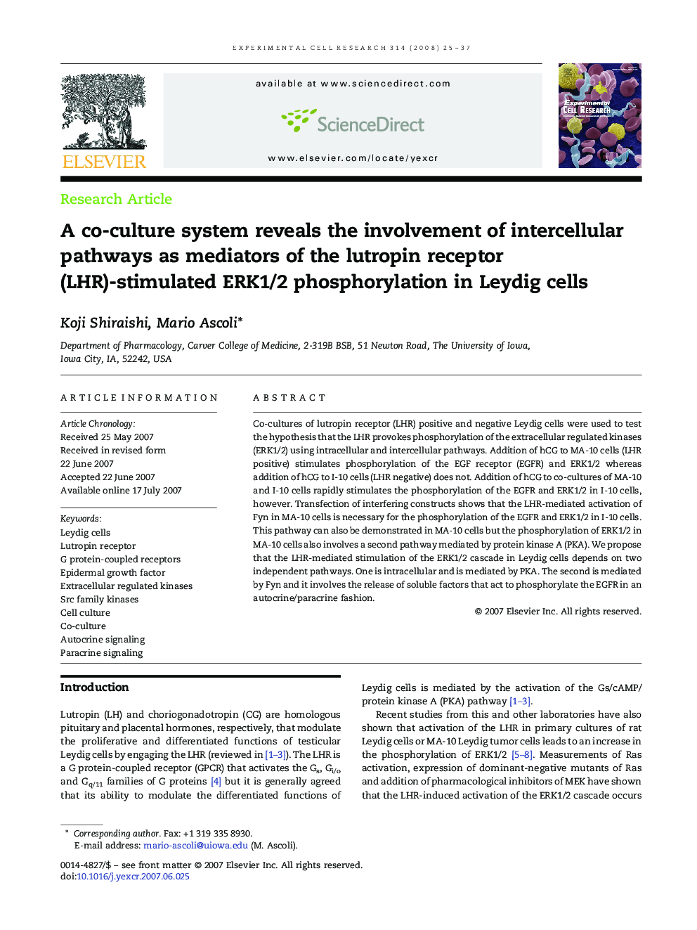 A co-culture system reveals the involvement of intercellular pathways as mediators of the lutropin receptor (LHR)-stimulated ERK1/2 phosphorylation in Leydig cells