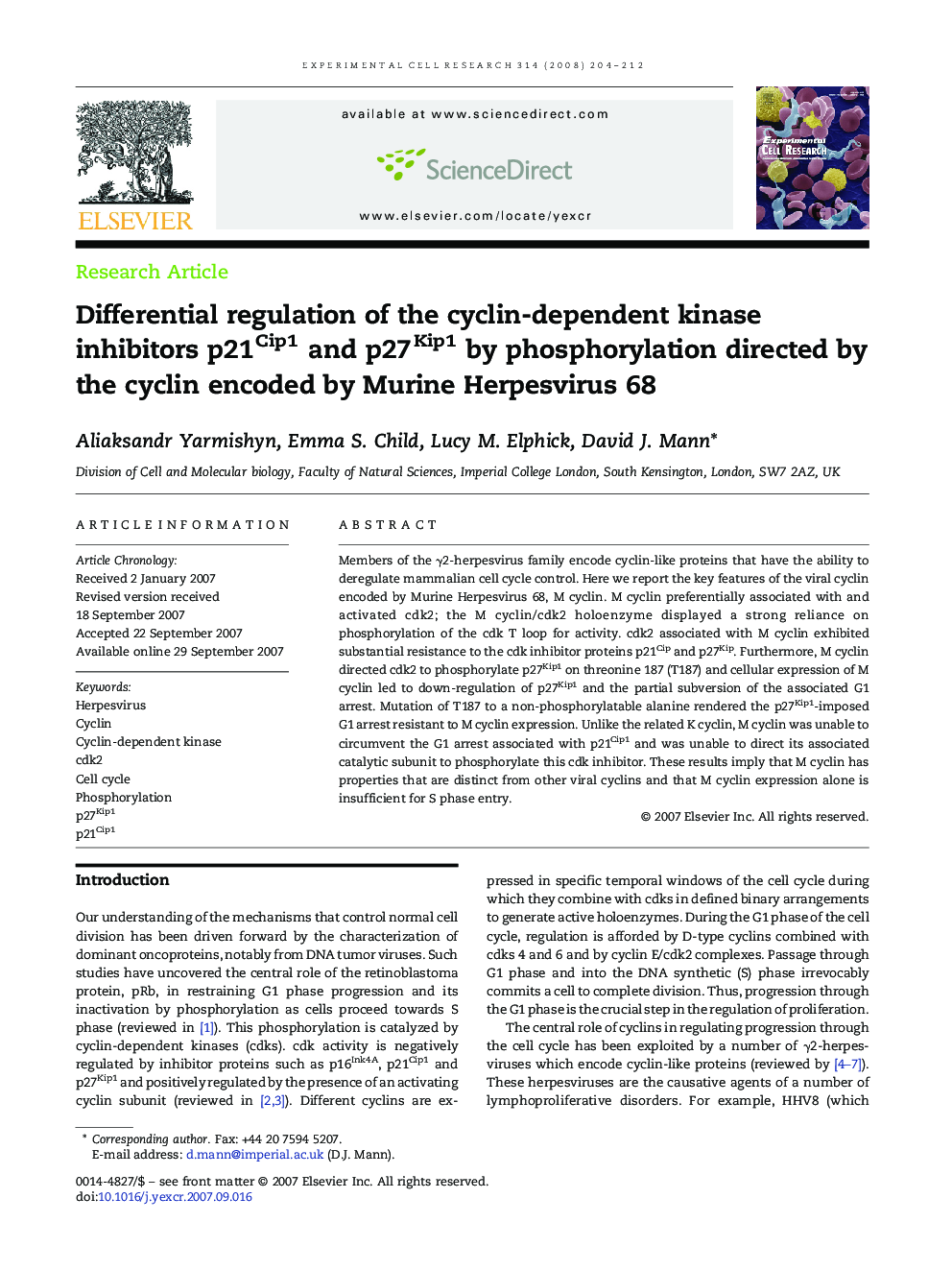 Differential regulation of the cyclin-dependent kinase inhibitors p21Cip1 and p27Kip1 by phosphorylation directed by the cyclin encoded by Murine Herpesvirus 68