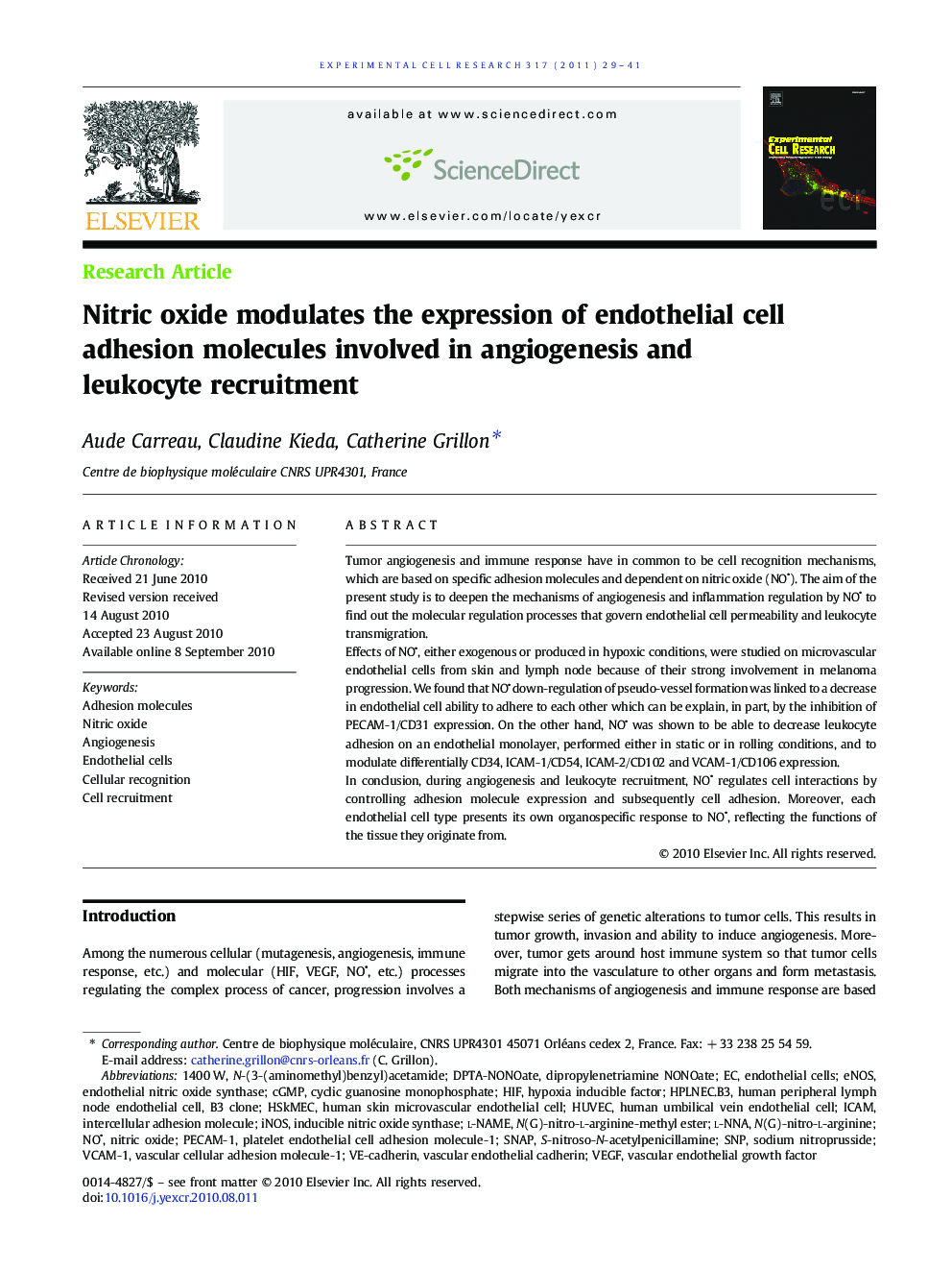 Nitric oxide modulates the expression of endothelial cell adhesion molecules involved in angiogenesis and leukocyte recruitment