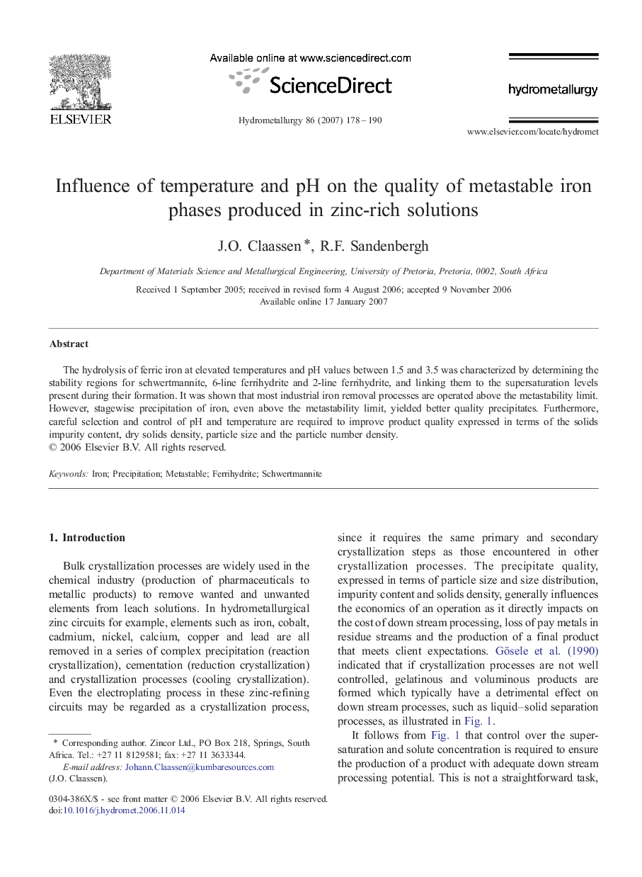 Influence of temperature and pH on the quality of metastable iron phases produced in zinc-rich solutions