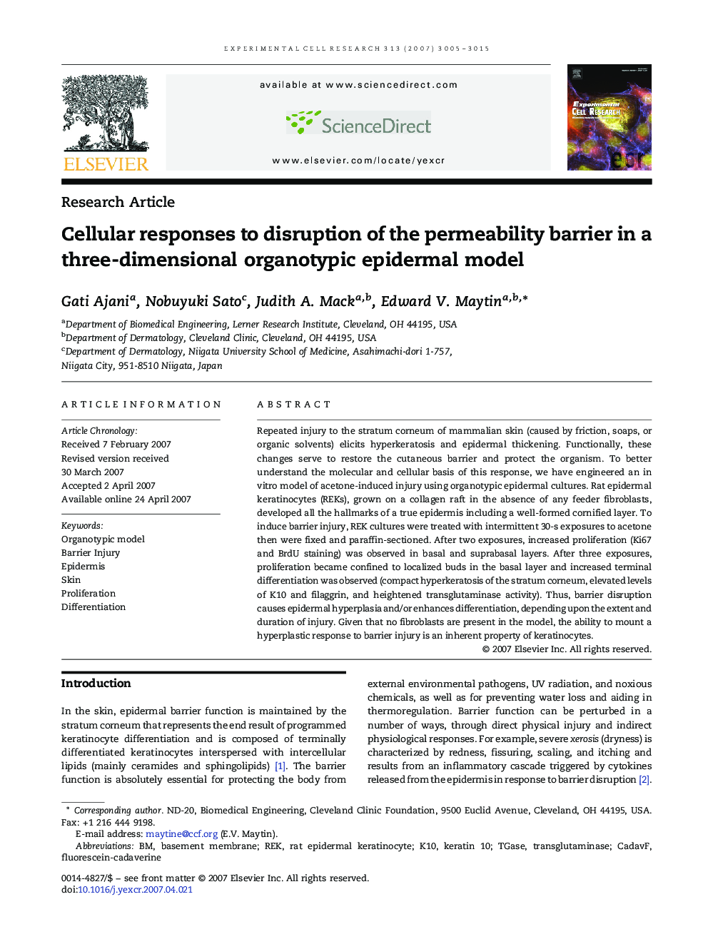 Cellular responses to disruption of the permeability barrier in a three-dimensional organotypic epidermal model