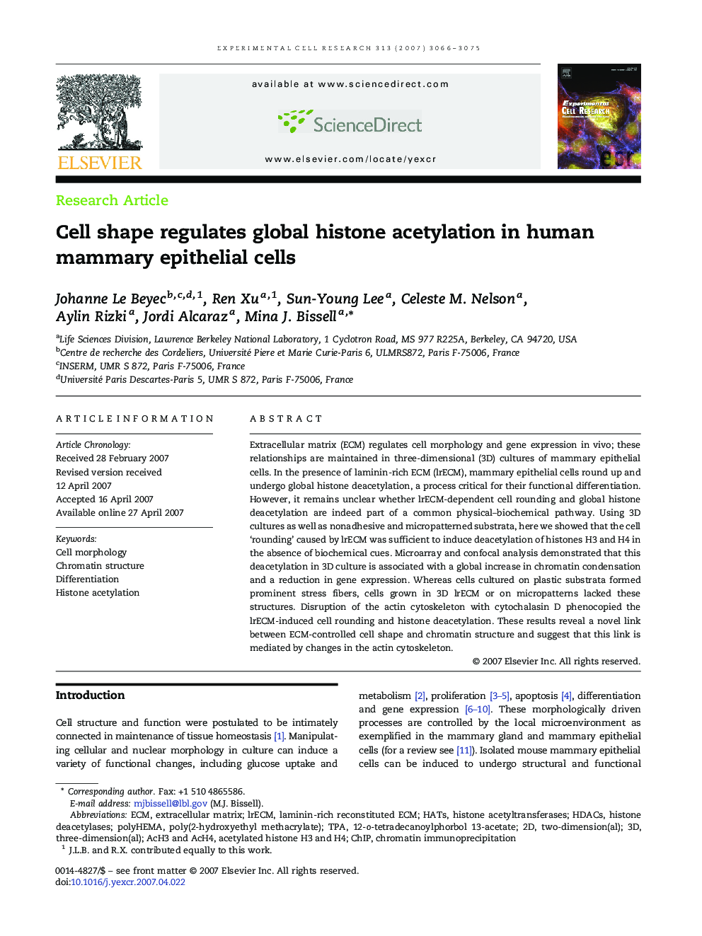 Cell shape regulates global histone acetylation in human mammary epithelial cells