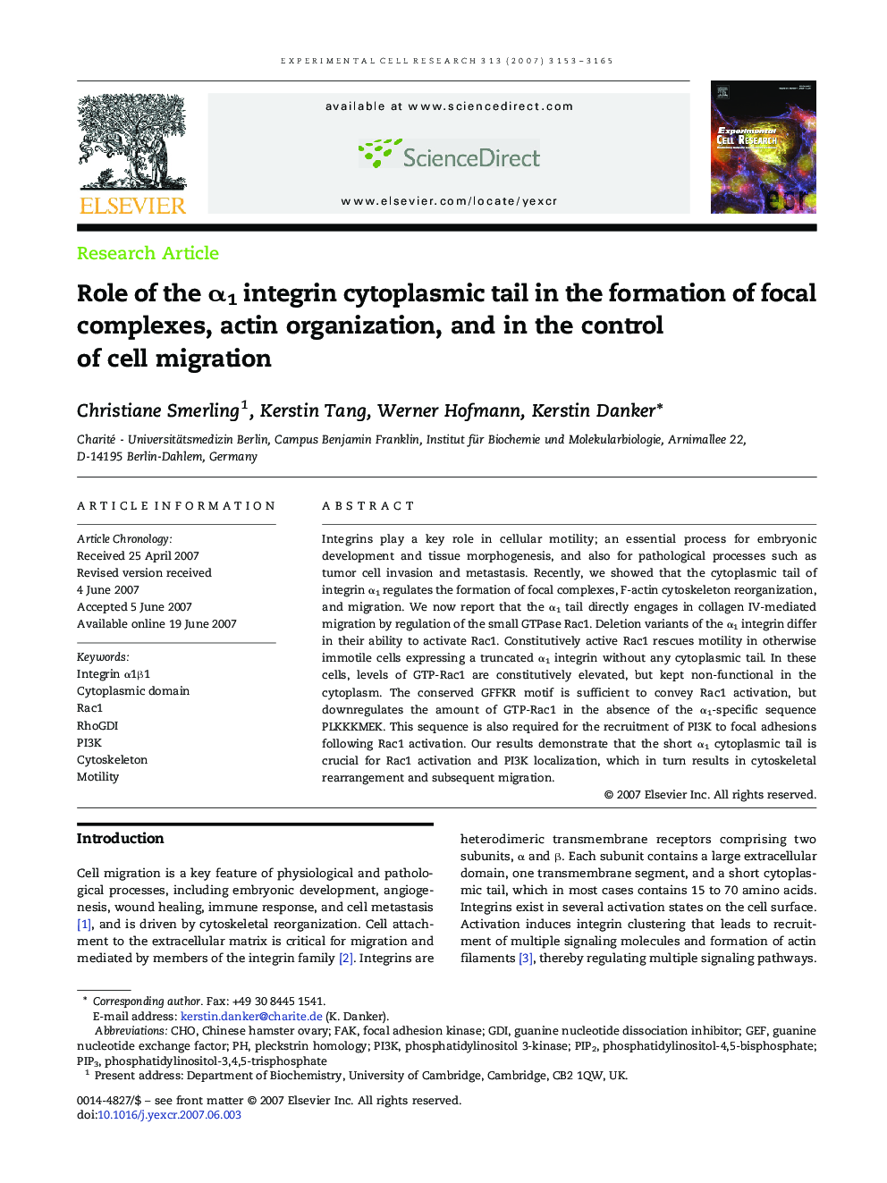 Role of the α1 integrin cytoplasmic tail in the formation of focal complexes, actin organization, and in the control of cell migration