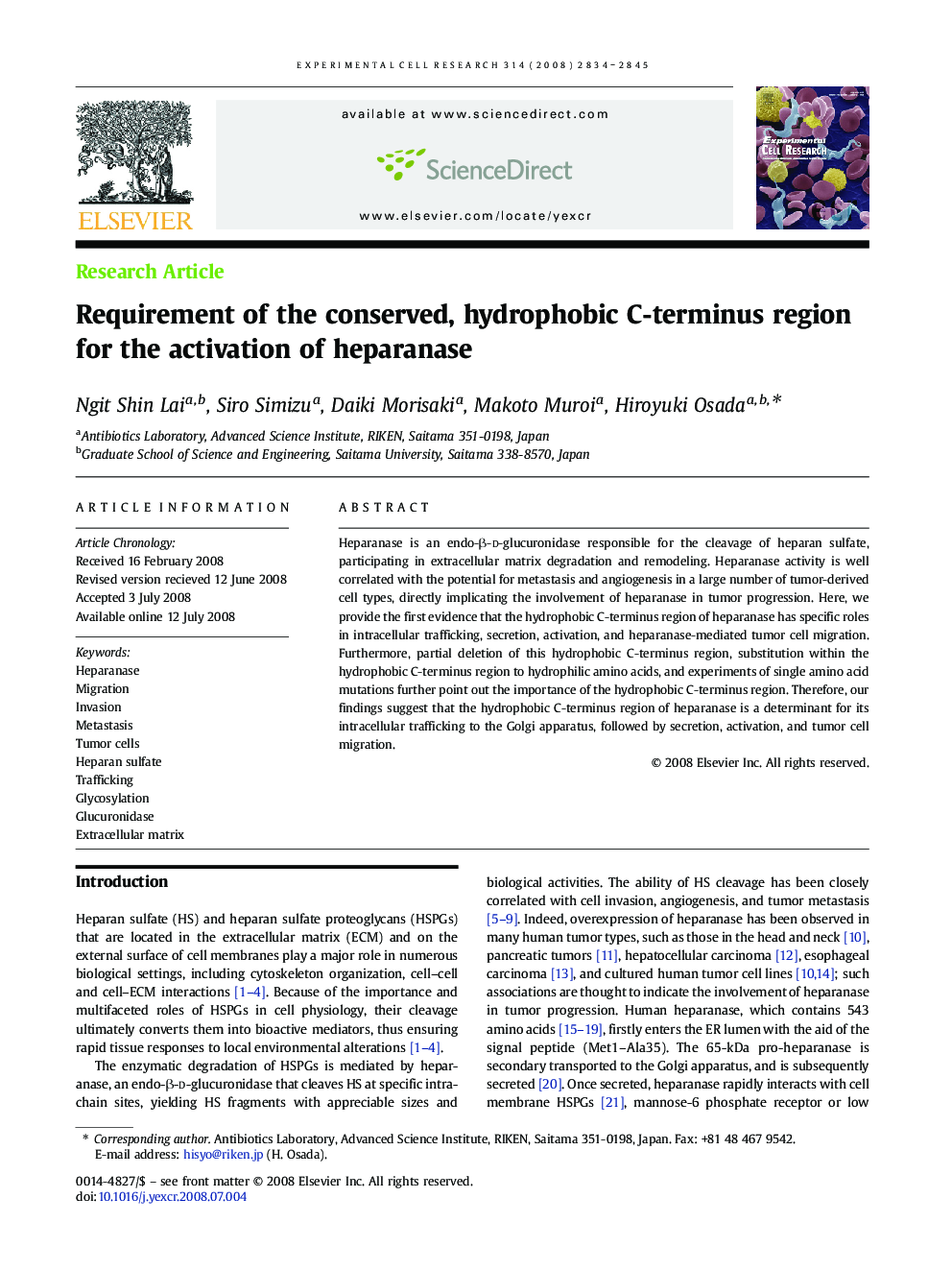 Requirement of the conserved, hydrophobic C-terminus region for the activation of heparanase