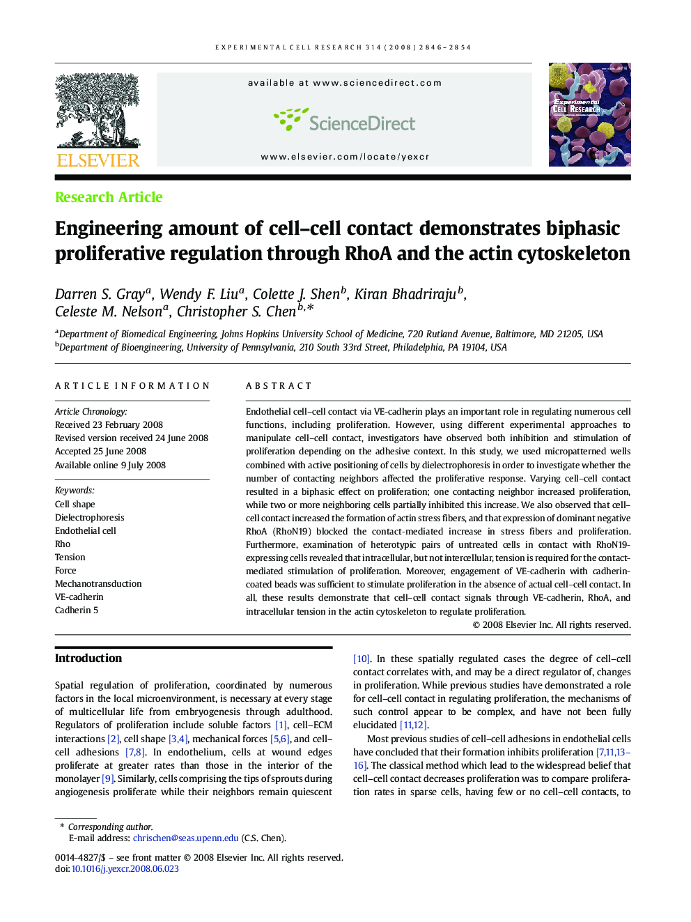 Engineering amount of cell–cell contact demonstrates biphasic proliferative regulation through RhoA and the actin cytoskeleton