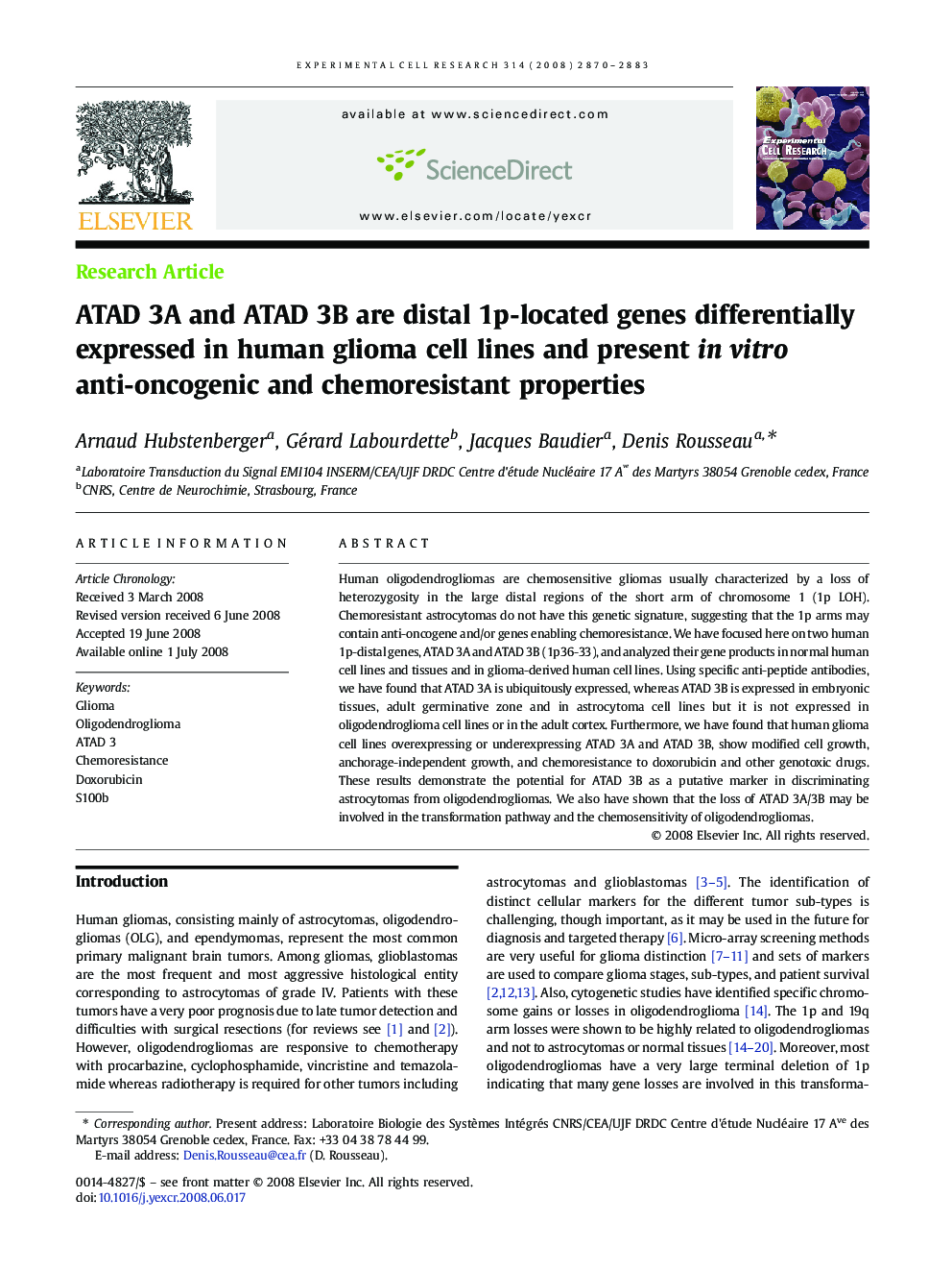 عکس صفحه اول مقاله: ATAD 3A and ATAD 3B are distal 1p-located genes differentially expressed in human glioma cell lines and present in vitro anti-oncogenic and chemoresistant properties ATAD 3A and ATAD 3B are distal 1p-located genes differentially expressed in human glioma cell lines and present in vitro anti-oncogenic and chemoresistant properties