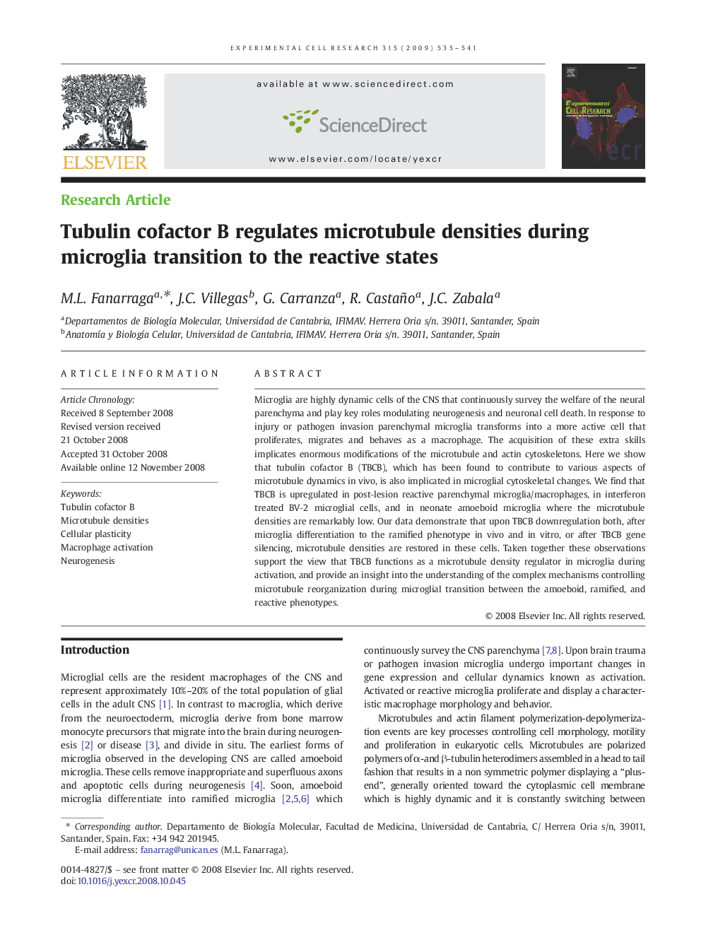 Tubulin cofactor B regulates microtubule densities during microglia transition to the reactive states