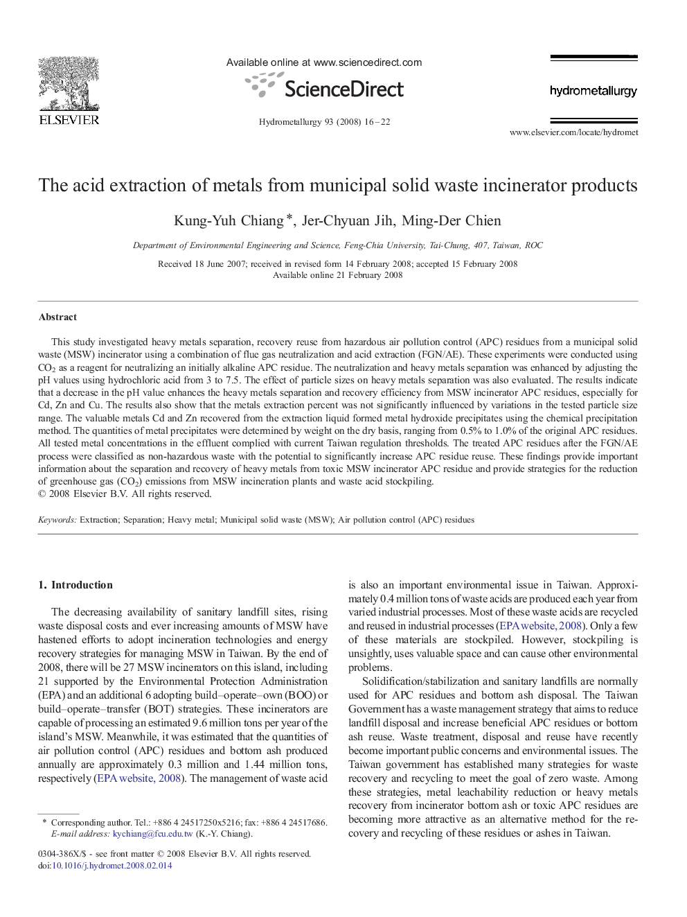 The acid extraction of metals from municipal solid waste incinerator products