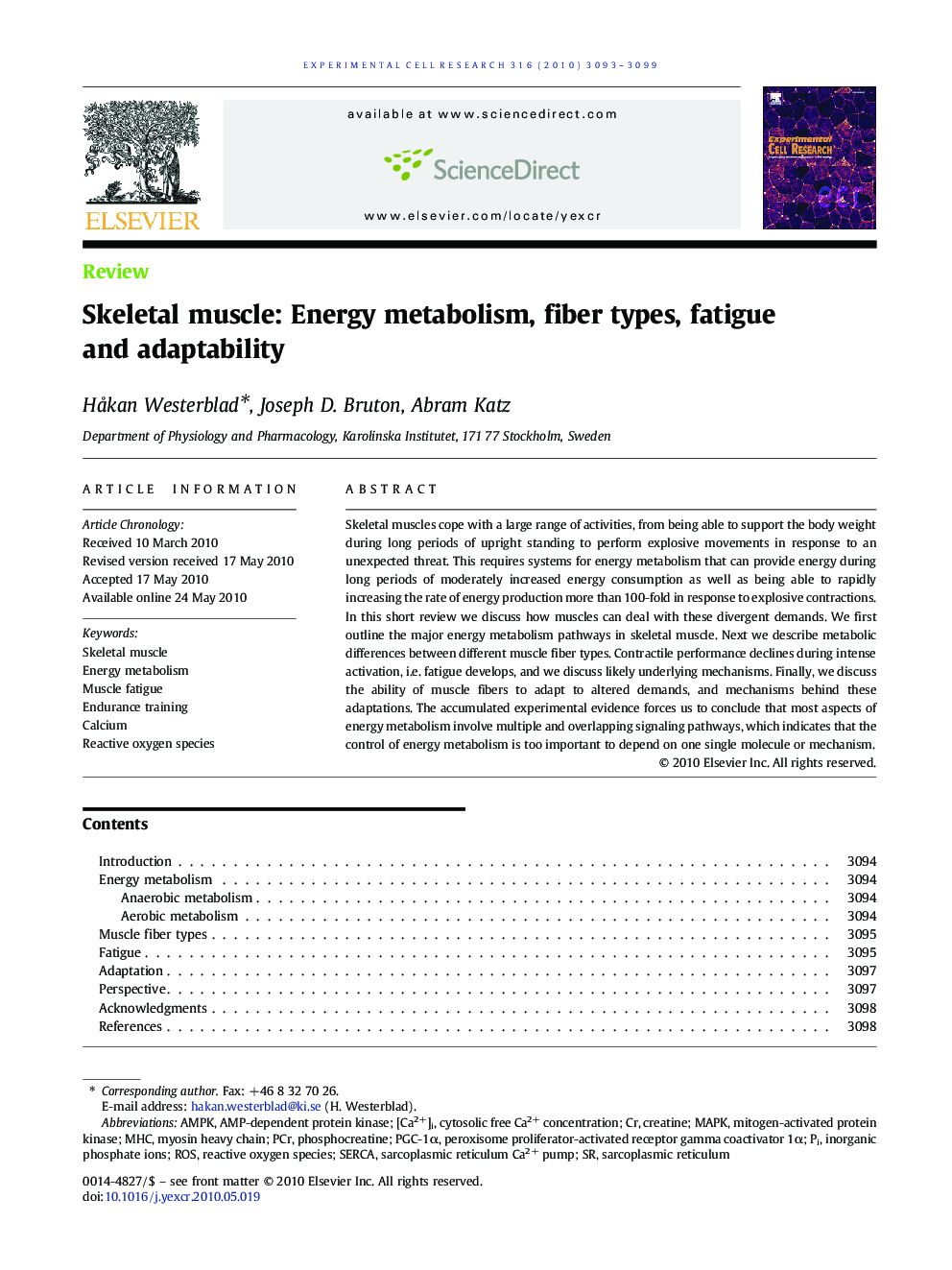 Skeletal muscle: Energy metabolism, fiber types, fatigue and adaptability