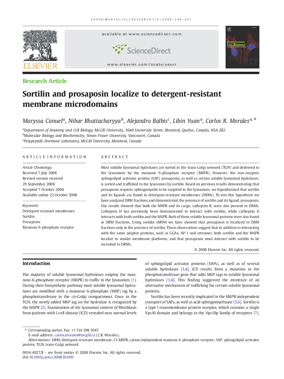 Sortilin and prosaposin localize to detergent-resistant membrane microdomains