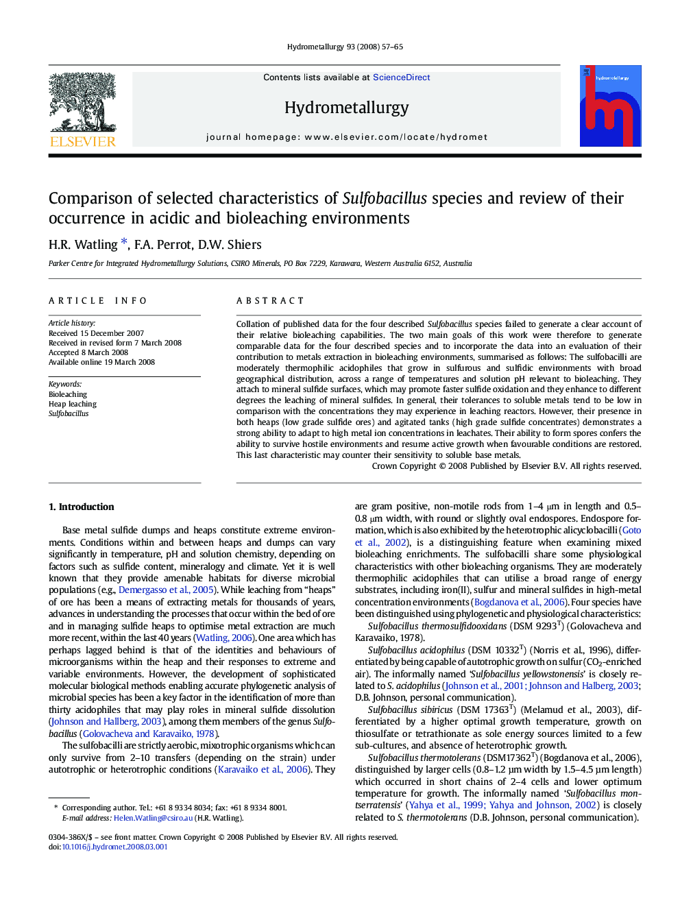 Comparison of selected characteristics of Sulfobacillus species and review of their occurrence in acidic and bioleaching environments