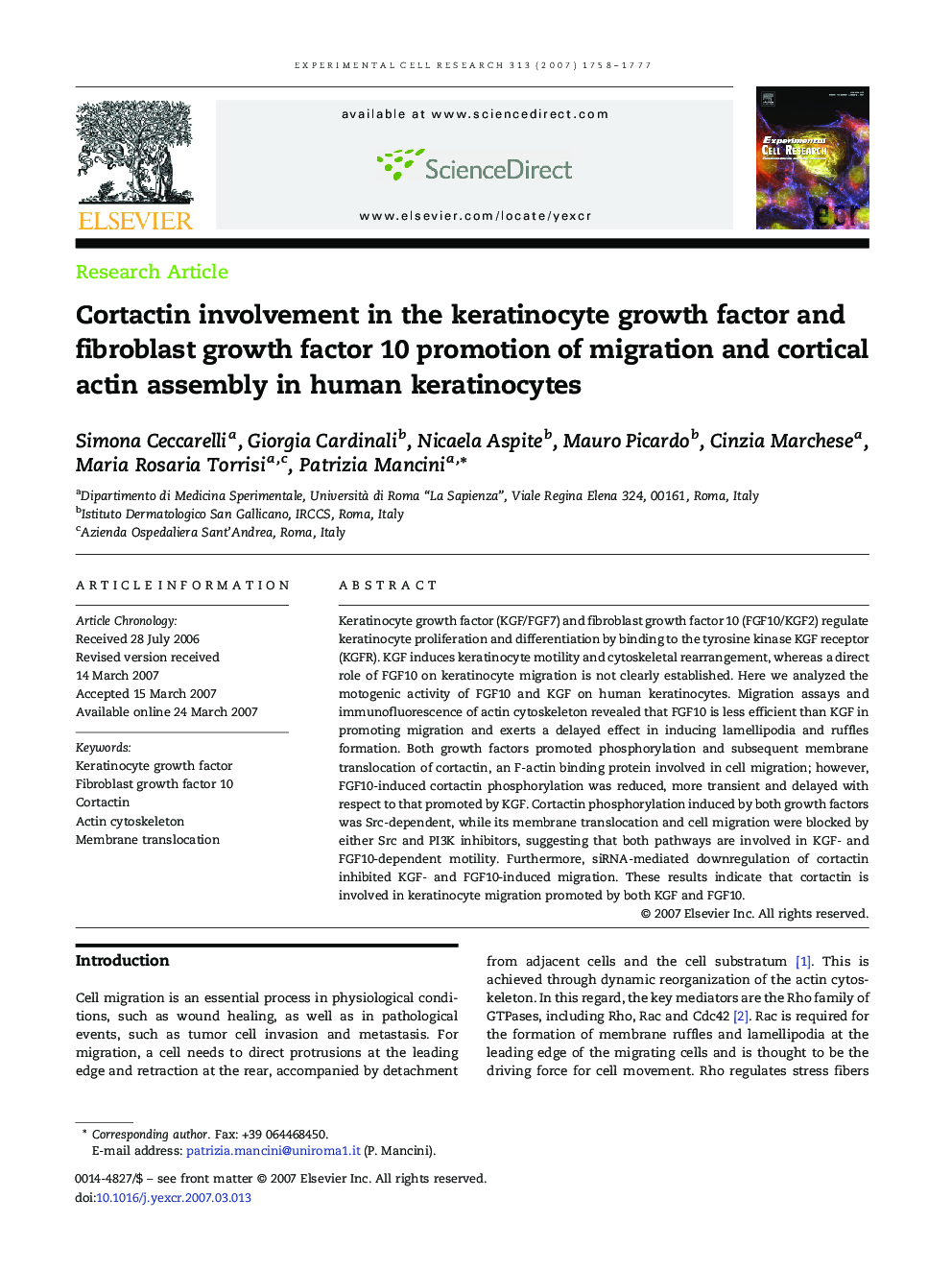 Cortactin involvement in the keratinocyte growth factor and fibroblast growth factor 10 promotion of migration and cortical actin assembly in human keratinocytes