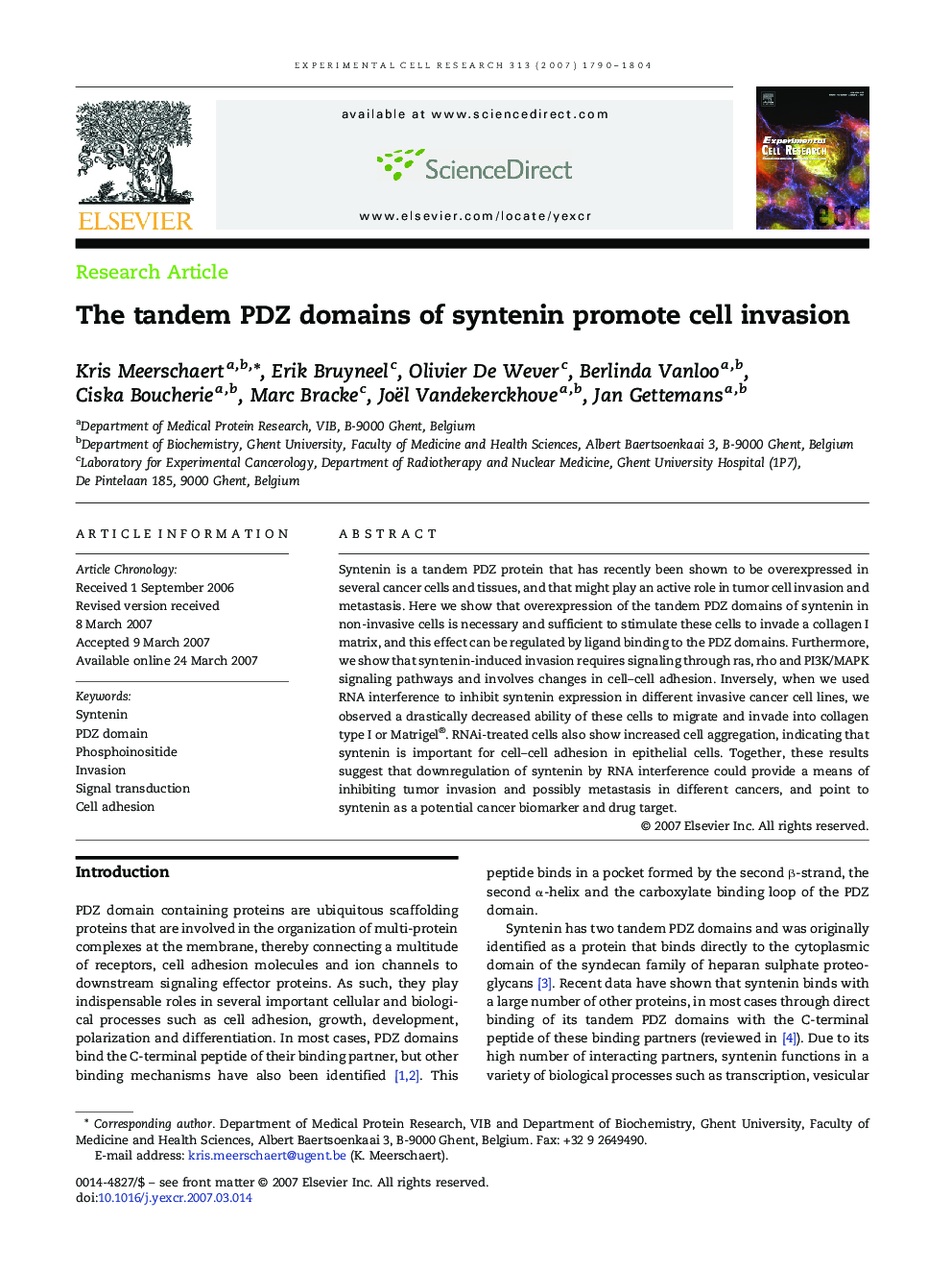 The tandem PDZ domains of syntenin promote cell invasion