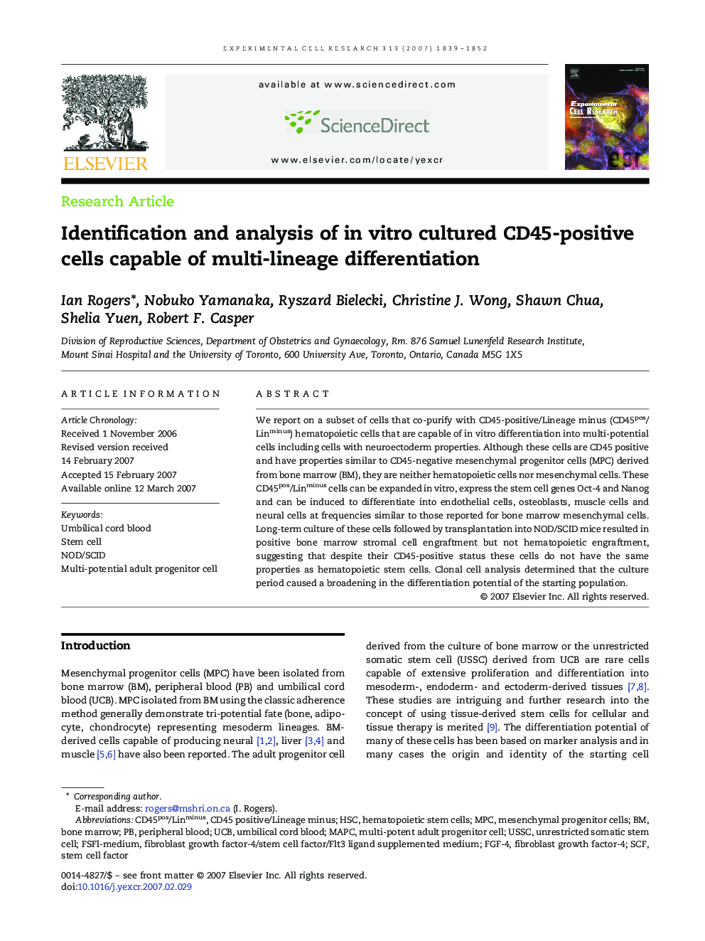 Identification and analysis of in vitro cultured CD45-positive cells capable of multi-lineage differentiation