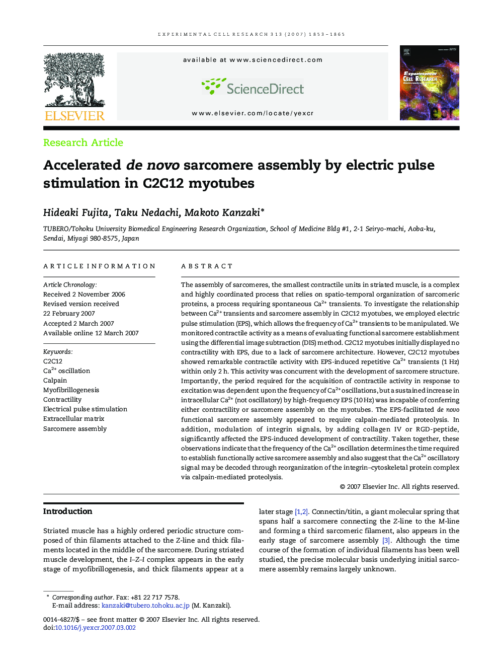 Accelerated de novo sarcomere assembly by electric pulse stimulation in C2C12 myotubes