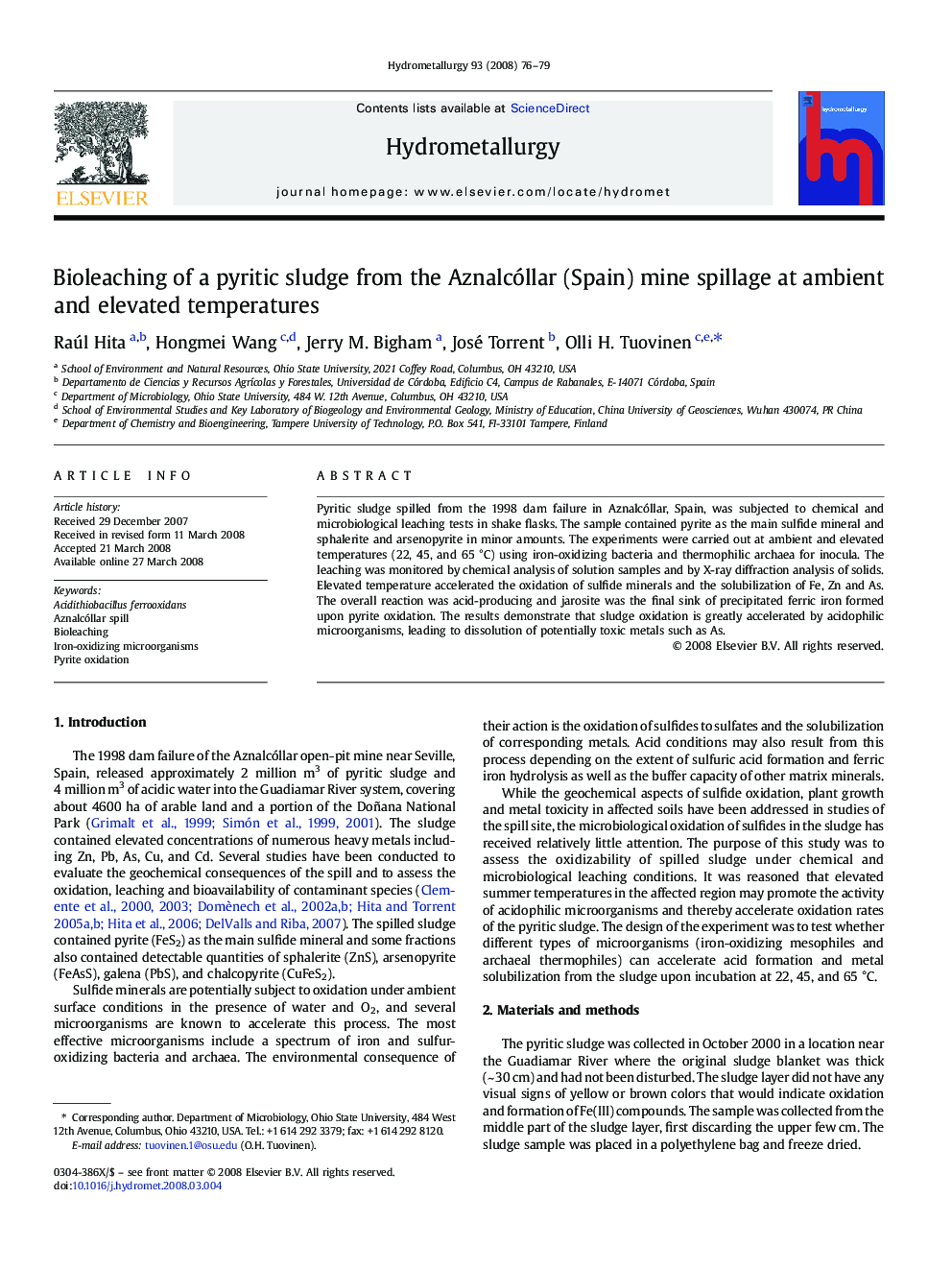 Bioleaching of a pyritic sludge from the Aznalcóllar (Spain) mine spillage at ambient and elevated temperatures