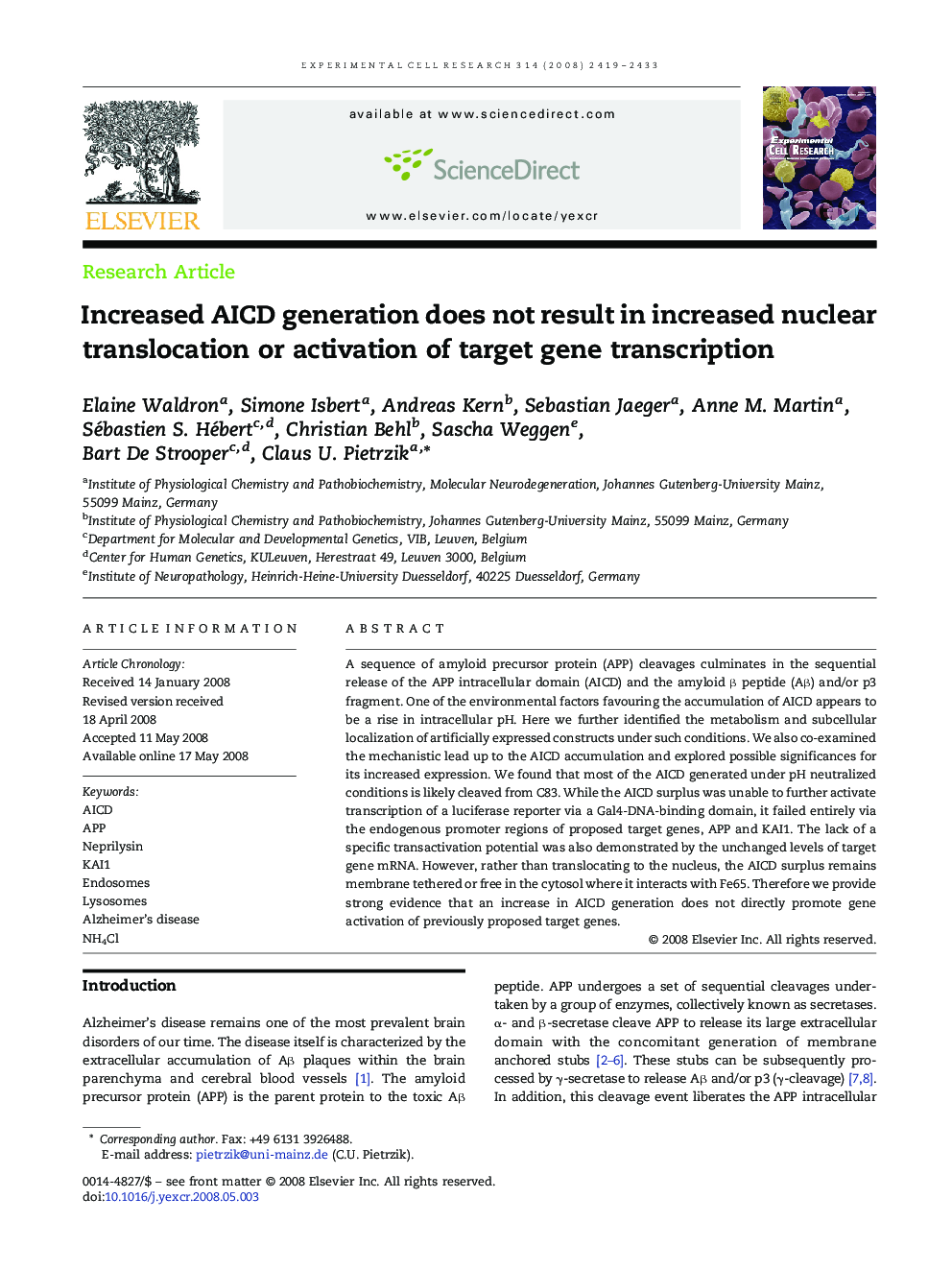 Increased AICD generation does not result in increased nuclear translocation or activation of target gene transcription