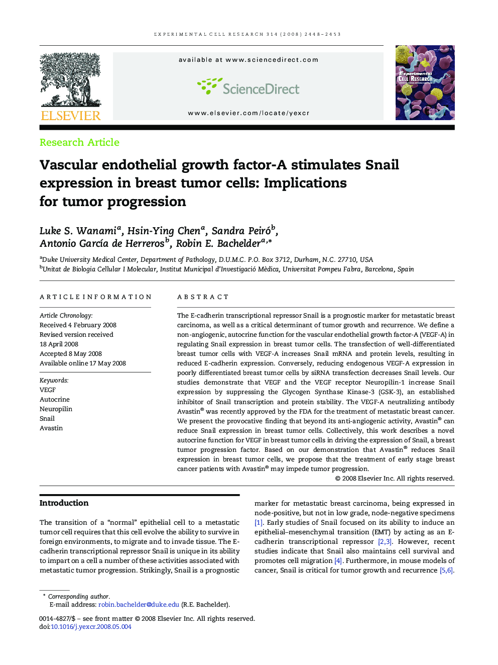 Vascular endothelial growth factor-A stimulates Snail expression in breast tumor cells: Implications for tumor progression