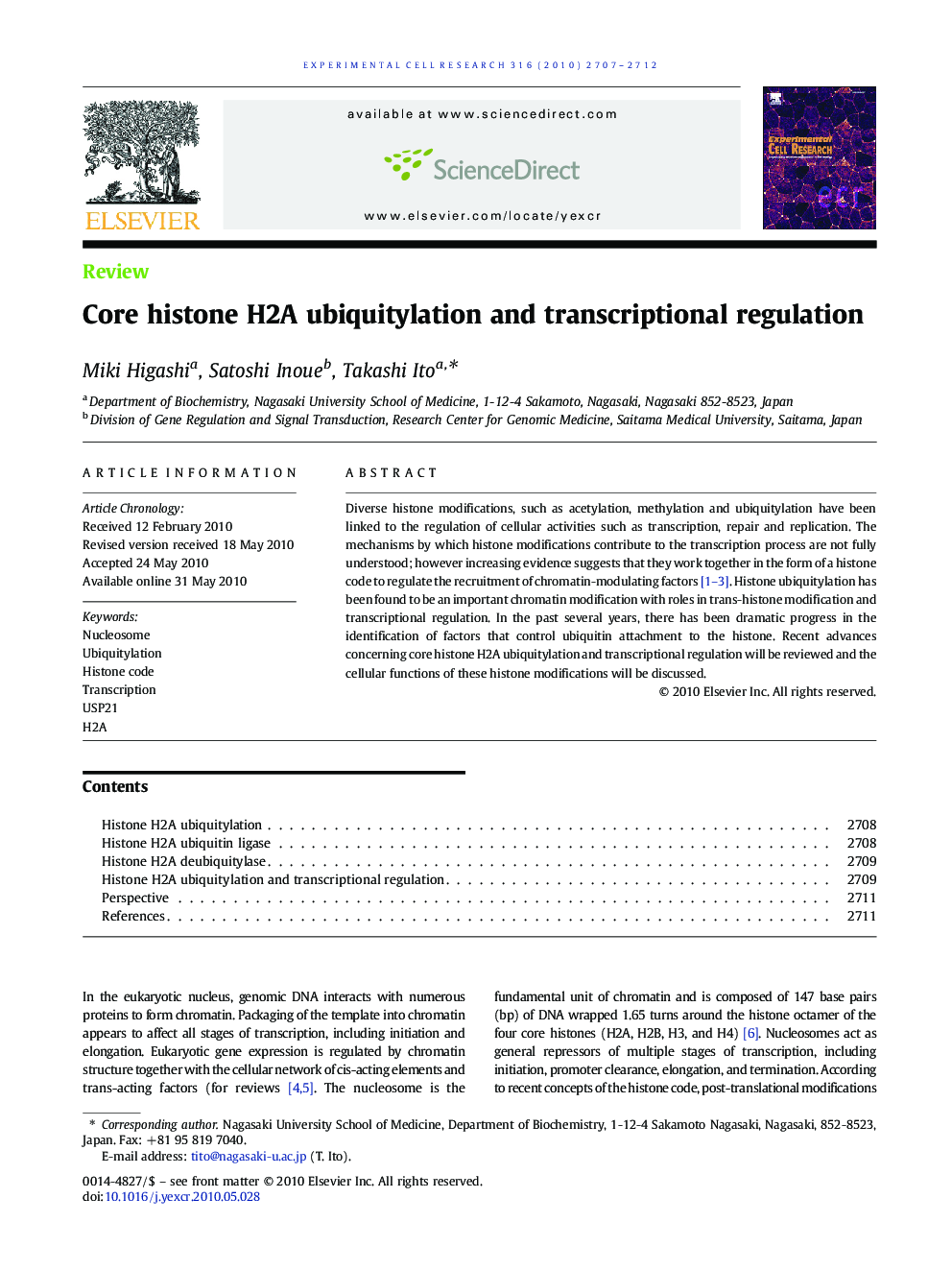 Core histone H2A ubiquitylation and transcriptional regulation