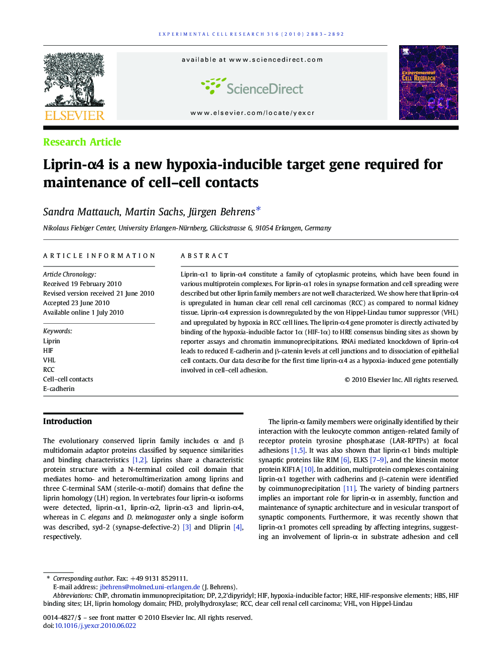 Liprin-α4 is a new hypoxia-inducible target gene required for maintenance of cell–cell contacts