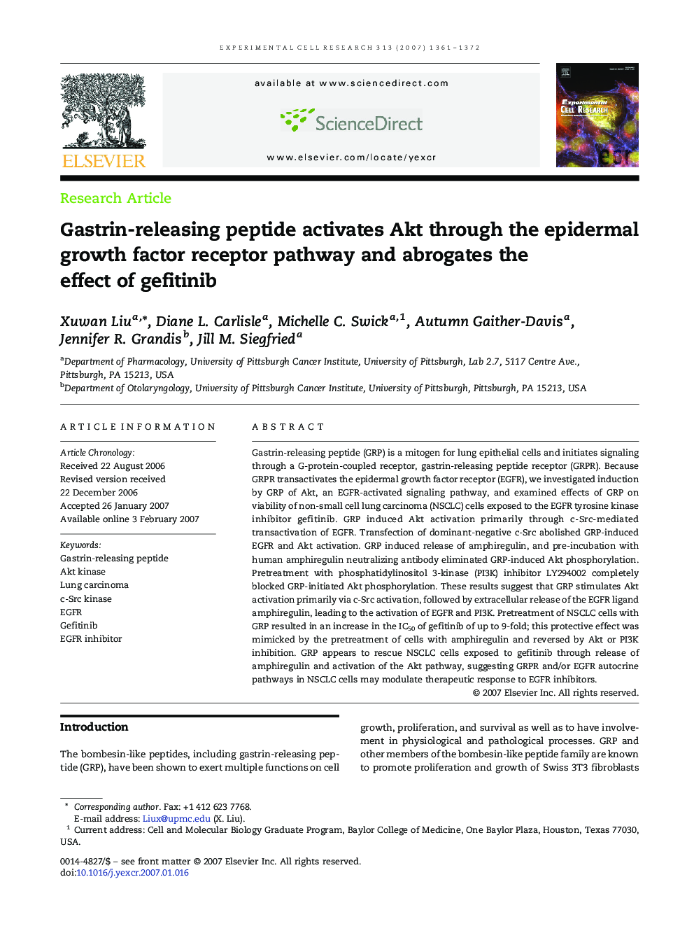 Gastrin-releasing peptide activates Akt through the epidermal growth factor receptor pathway and abrogates the effect of gefitinib