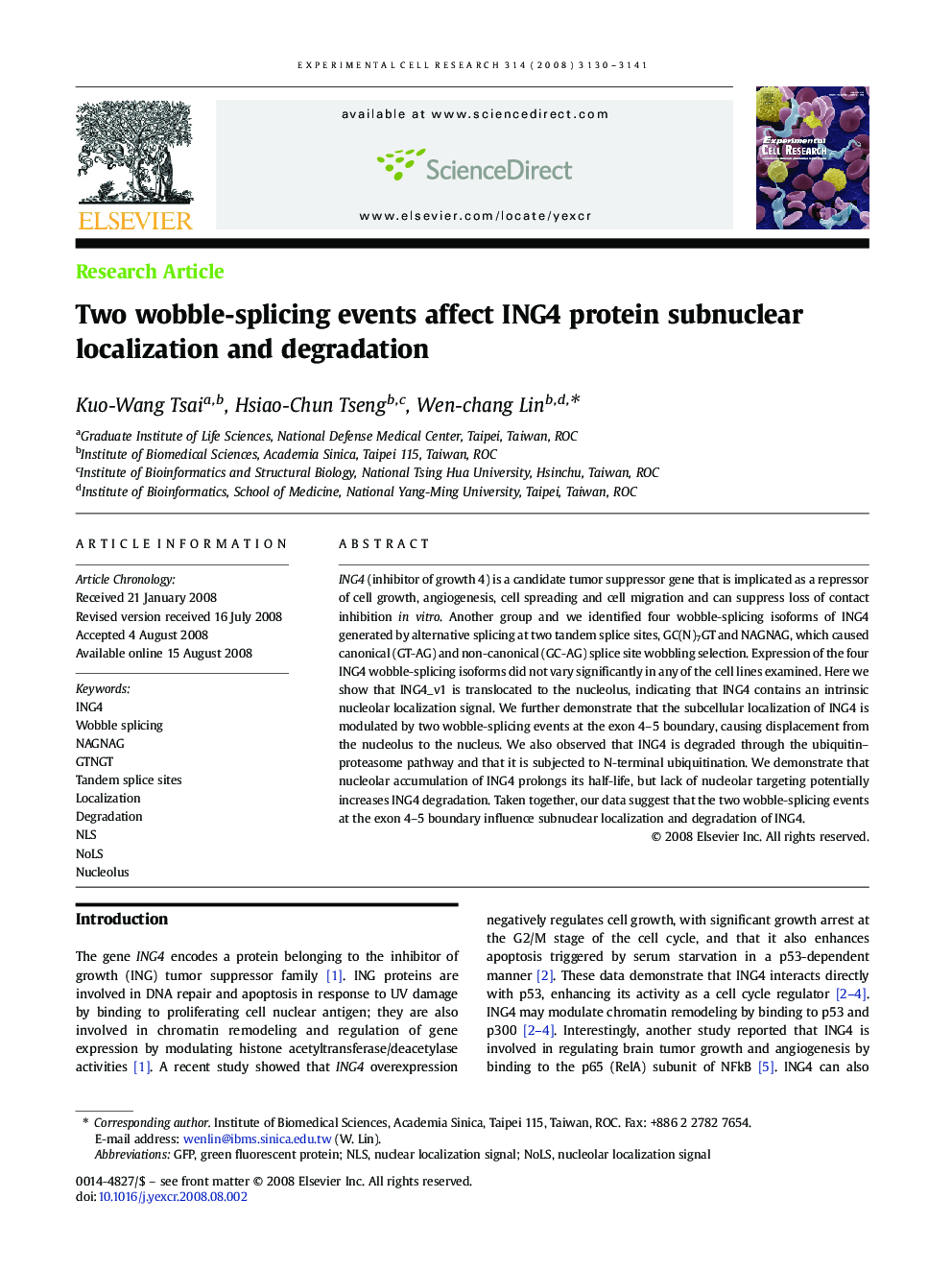 Two wobble-splicing events affect ING4 protein subnuclear localization and degradation