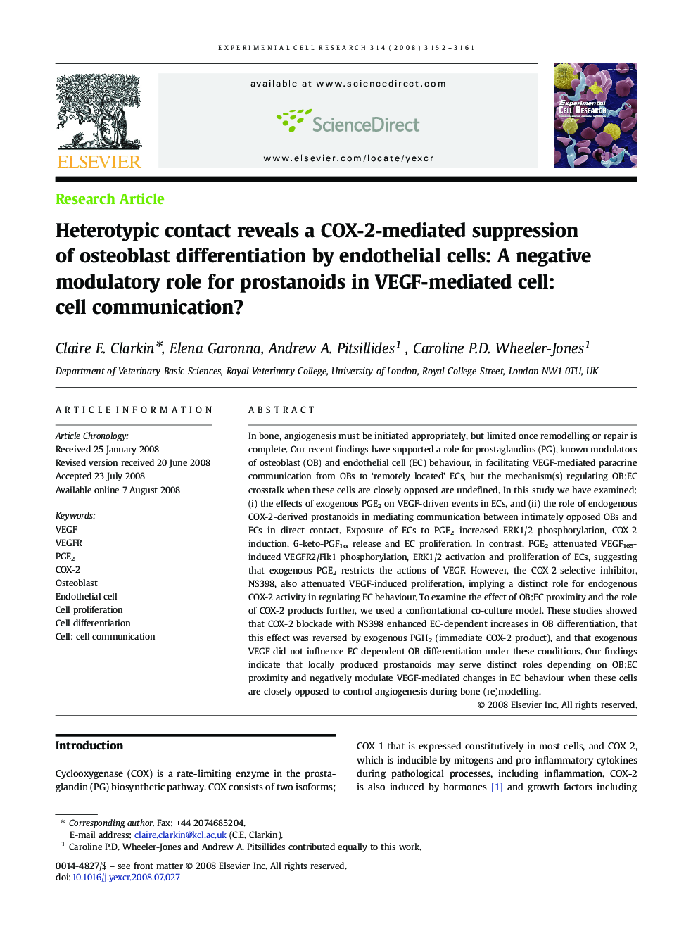 Heterotypic contact reveals a COX-2-mediated suppression of osteoblast differentiation by endothelial cells: A negative modulatory role for prostanoids in VEGF-mediated cell: cell communication?