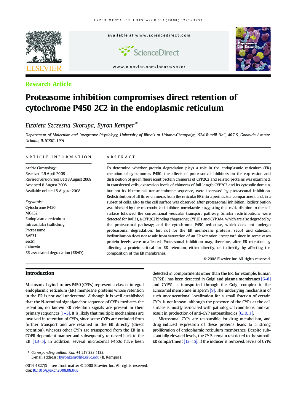 Proteasome inhibition compromises direct retention of cytochrome P450 2C2 in the endoplasmic reticulum