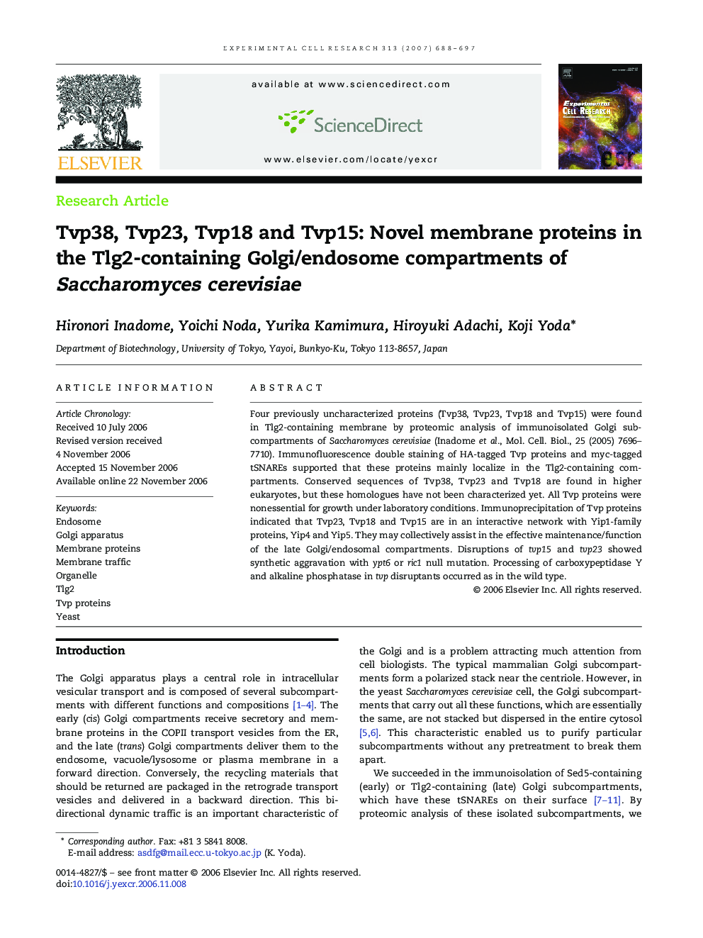 Tvp38, Tvp23, Tvp18 and Tvp15: Novel membrane proteins in the Tlg2-containing Golgi/endosome compartments of Saccharomyces cerevisiae