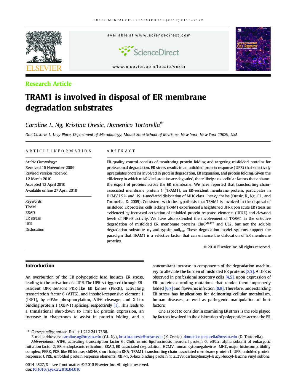 TRAM1 is involved in disposal of ER membrane degradation substrates