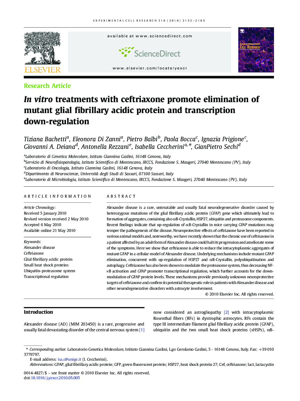 In vitro treatments with ceftriaxone promote elimination of mutant glial fibrillary acidic protein and transcription down-regulation