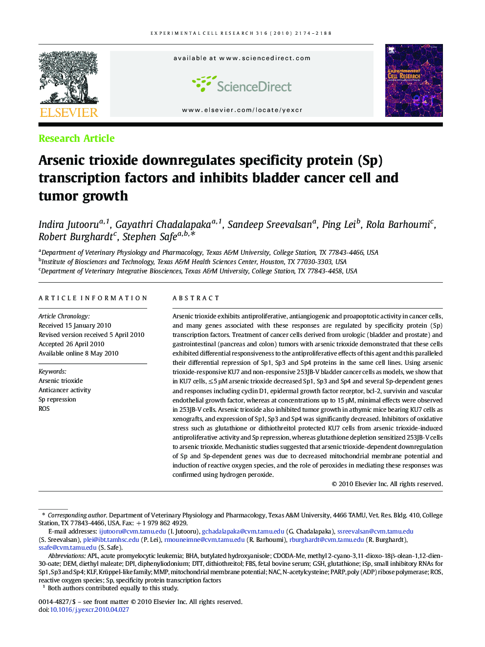 Arsenic trioxide downregulates specificity protein (Sp) transcription factors and inhibits bladder cancer cell and tumor growth
