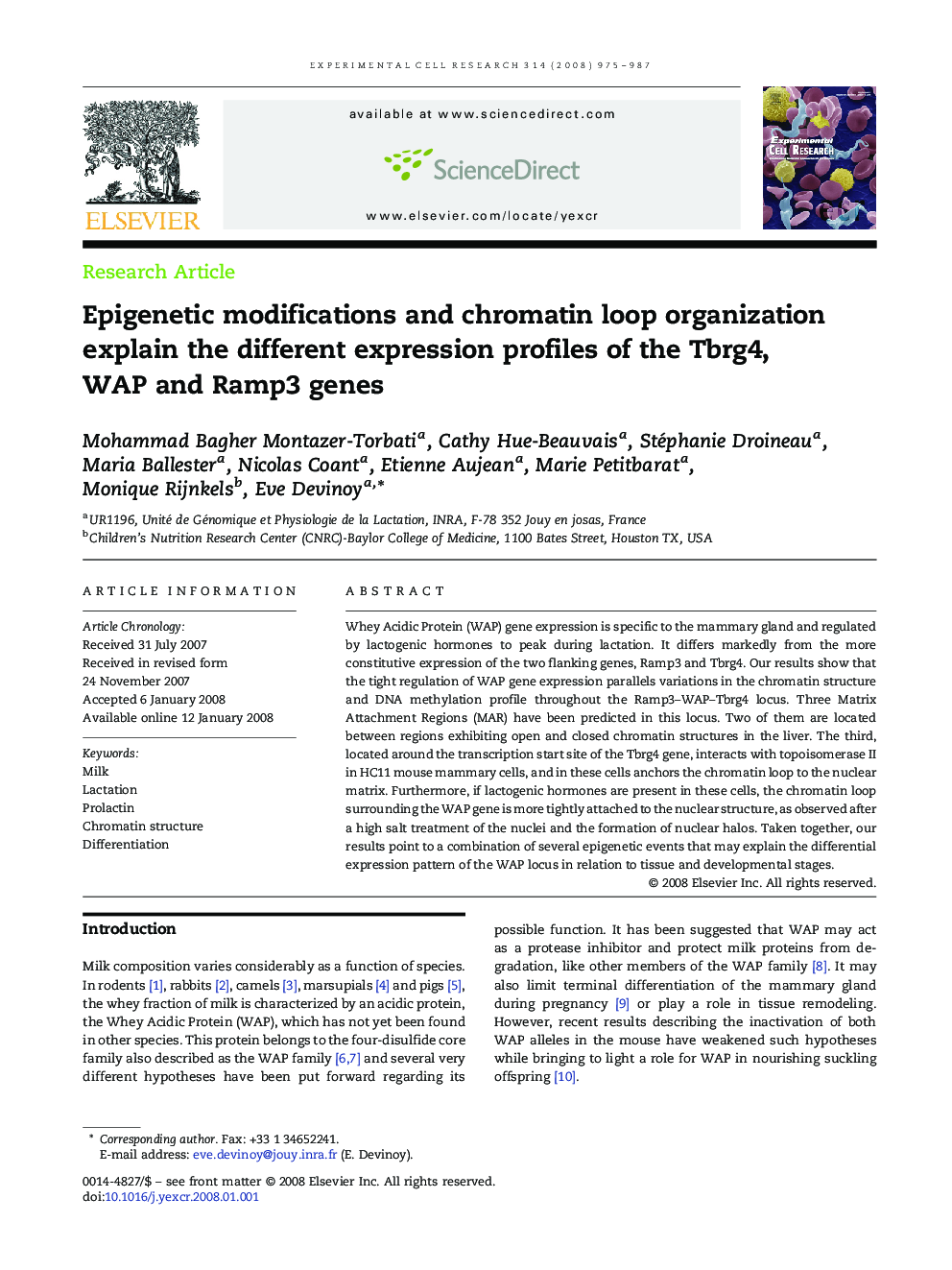 Epigenetic modifications and chromatin loop organization explain the different expression profiles of the Tbrg4, WAP and Ramp3 genes