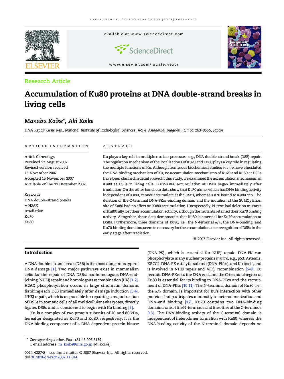 Accumulation of Ku80 proteins at DNA double-strand breaks in living cells