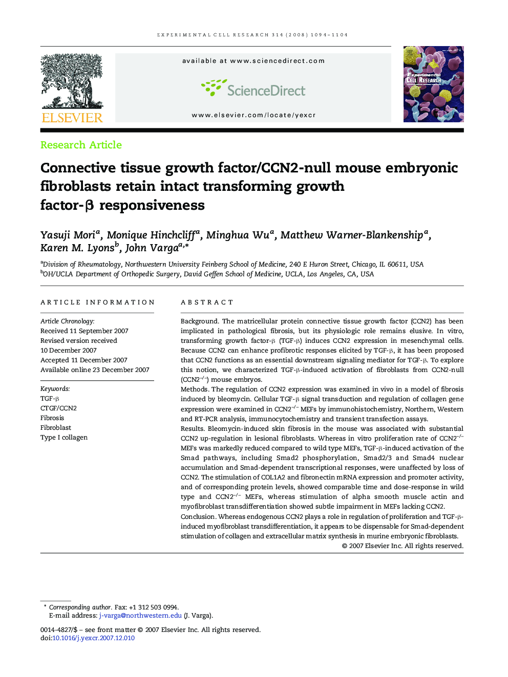 Connective tissue growth factor/CCN2-null mouse embryonic fibroblasts retain intact transforming growth factor-β responsiveness