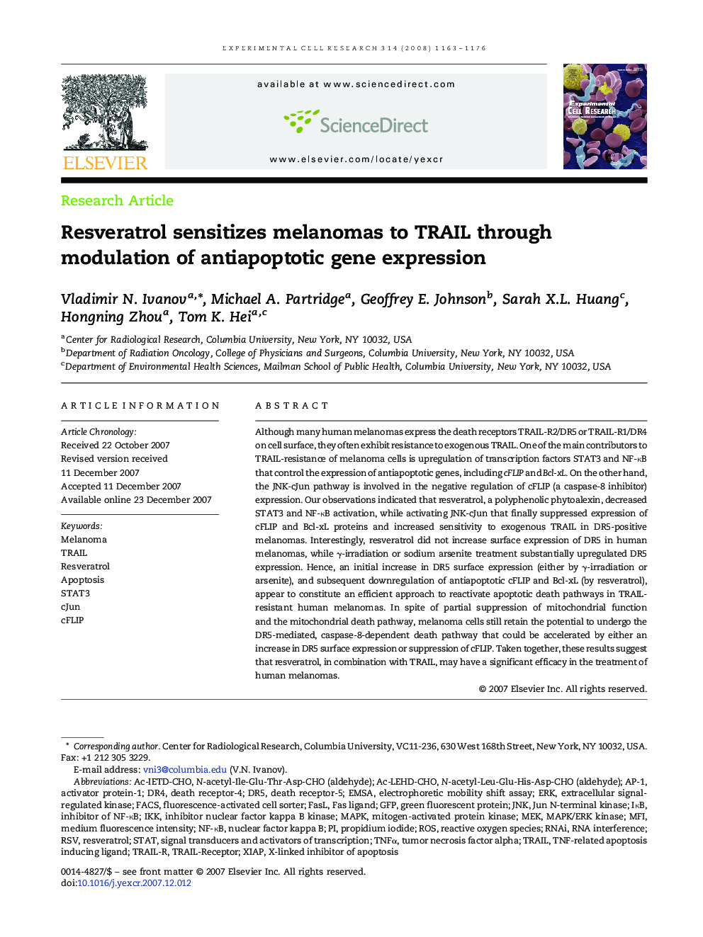 Resveratrol sensitizes melanomas to TRAIL through modulation of antiapoptotic gene expression